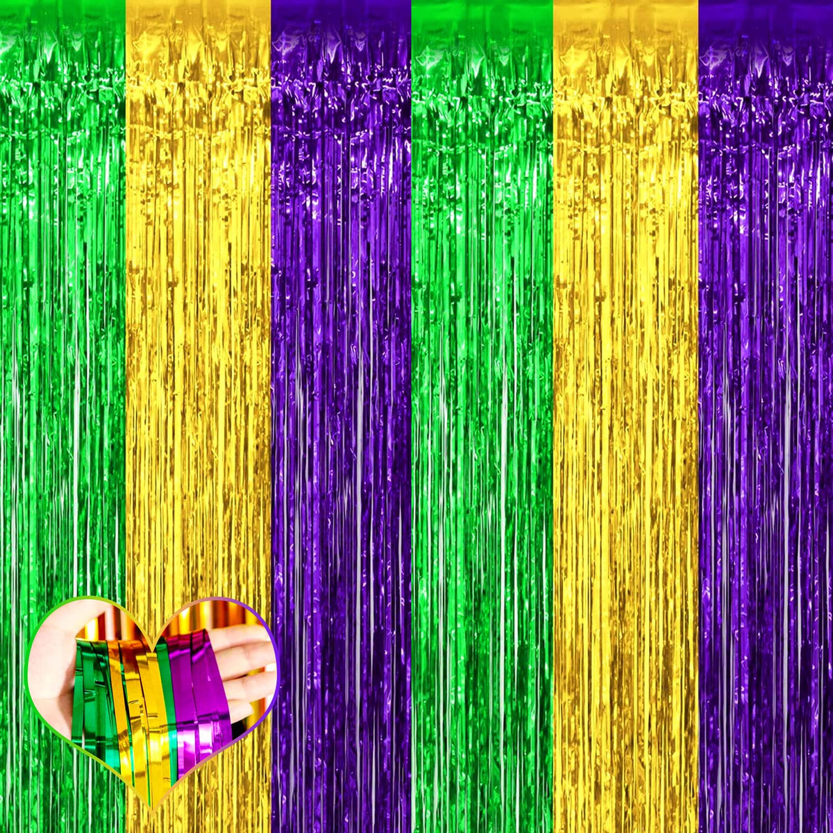 4 Pack 3.2Ft X 8.2Ft Mardi Gras Fringe Curtain Backdrop, Gold Green Purple Metallic Tinsel Foil Fringe Streamers Curtains Backgr