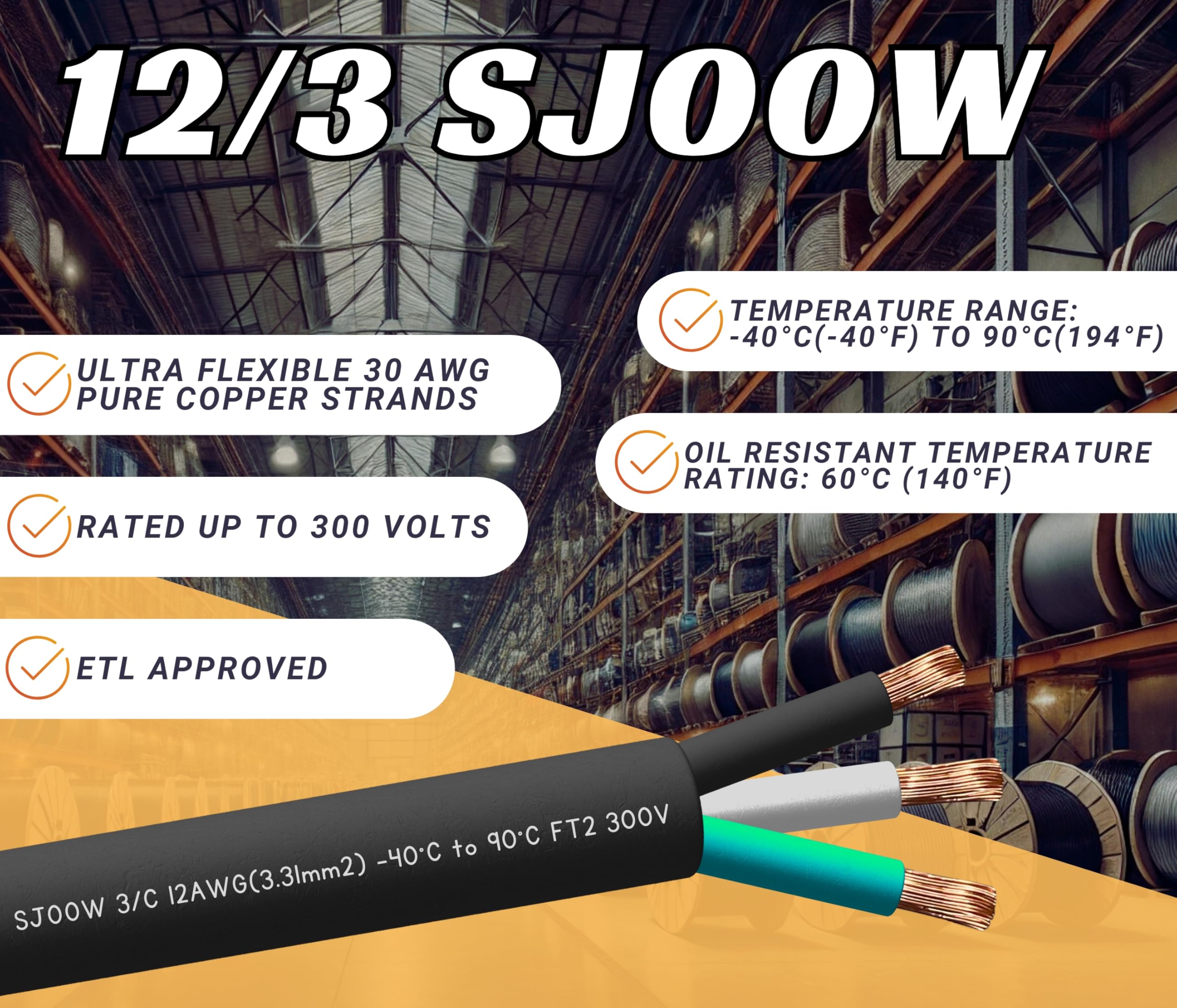 5 Feet 12/3 Sjoow Cable Cord 12 Awg 3 Conductor So Wire   12 Gauge 3 Conductor (12/3 Wire) 300V Portable Power Extension Cable F