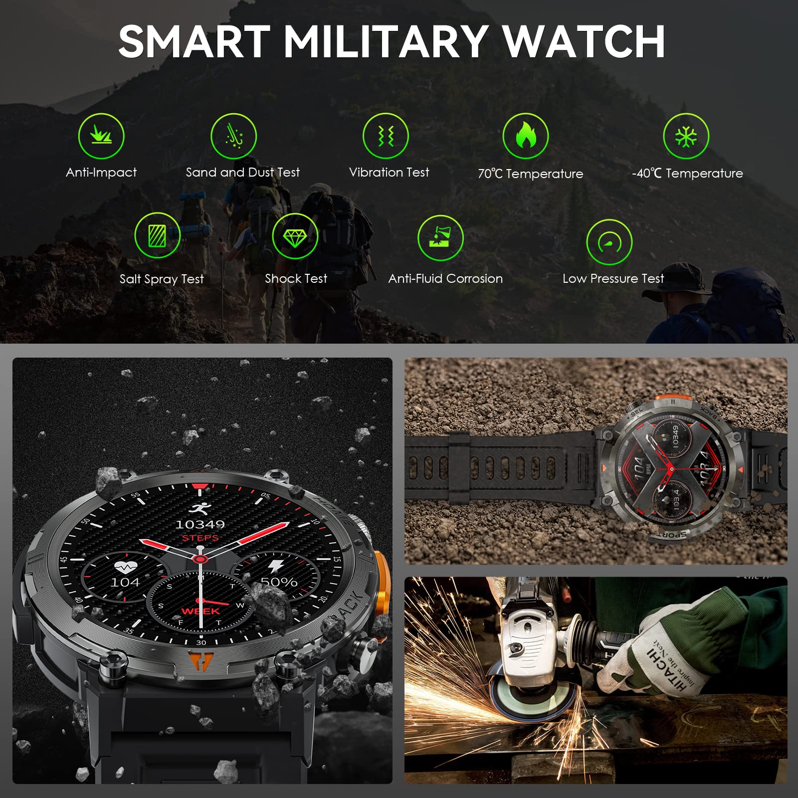Military Smart Watch For Men (Call Receive/Dial) With Led Flashlight, 1.45'' Hd Outdoor Tactical Rugged Smartwatch, Sports Fitne