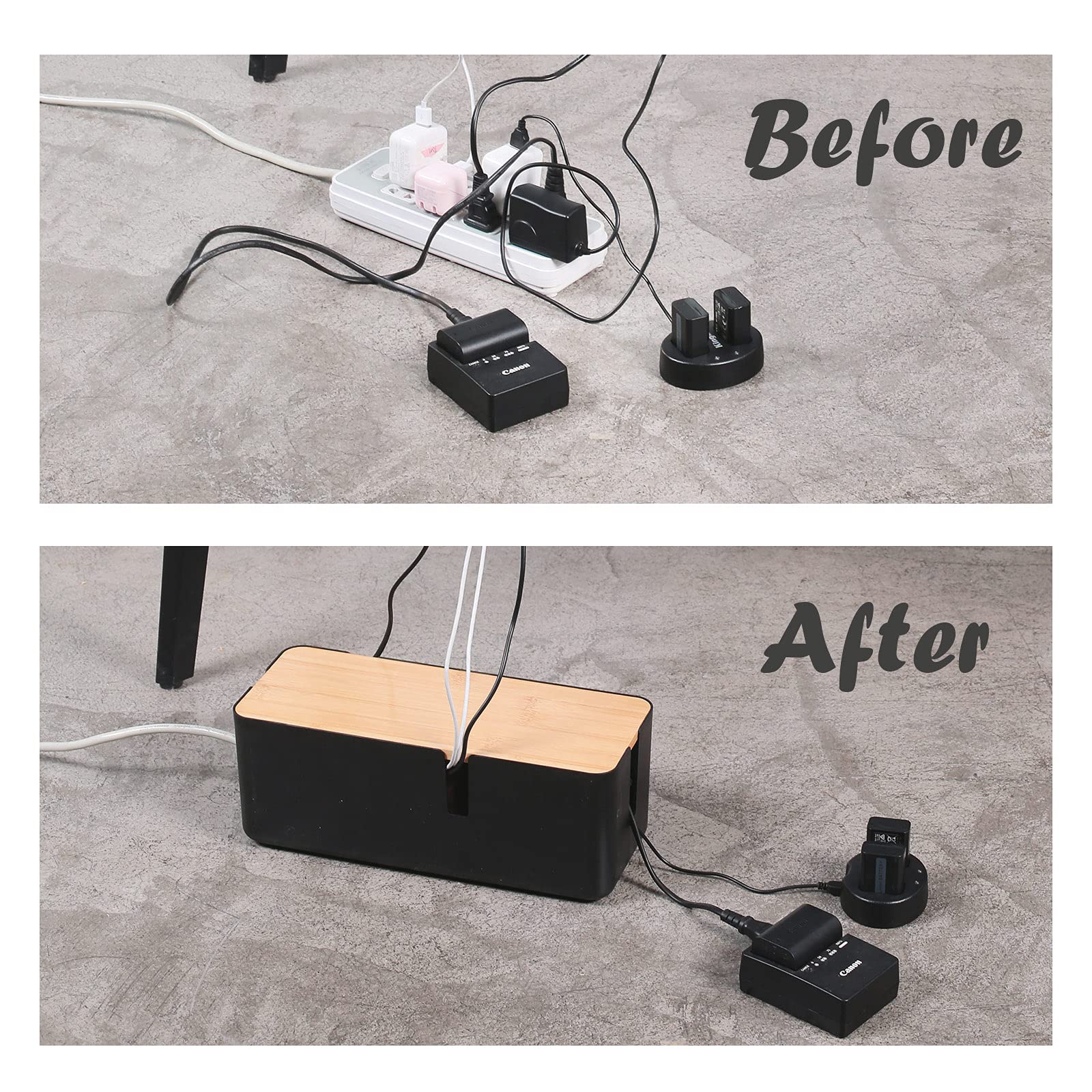 Changsuo Cable Management Box With Bamboo Lid Small Cable Organizer Box For Extension Cord Power Stripe Surge Protector Wire Man