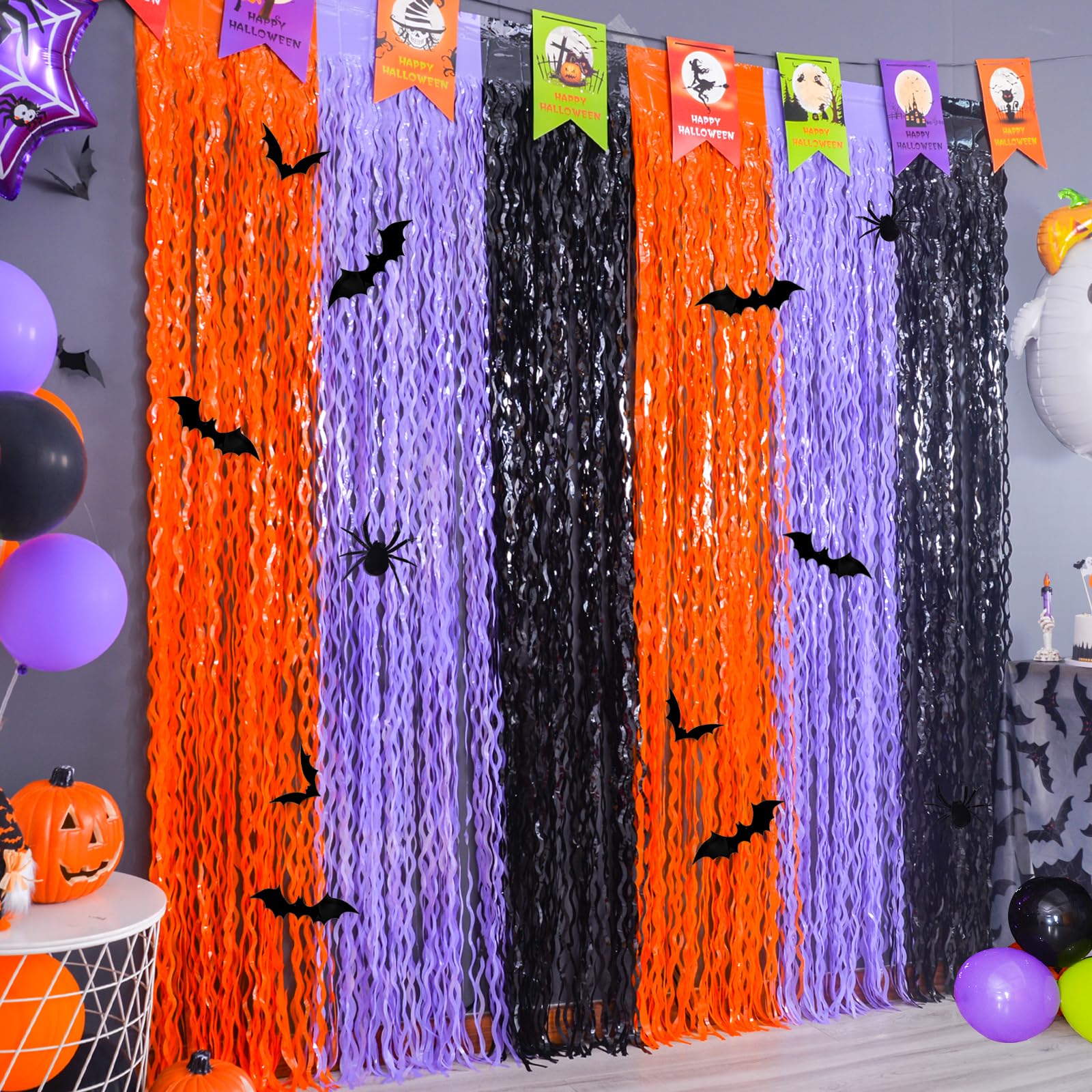 Mega L Halloween Foil Fringe Curtains, 3 Pack Orange Purple Black Photo Booth Props, 18 Pcs Pvc Bat & Spider Stickers Wall Decal