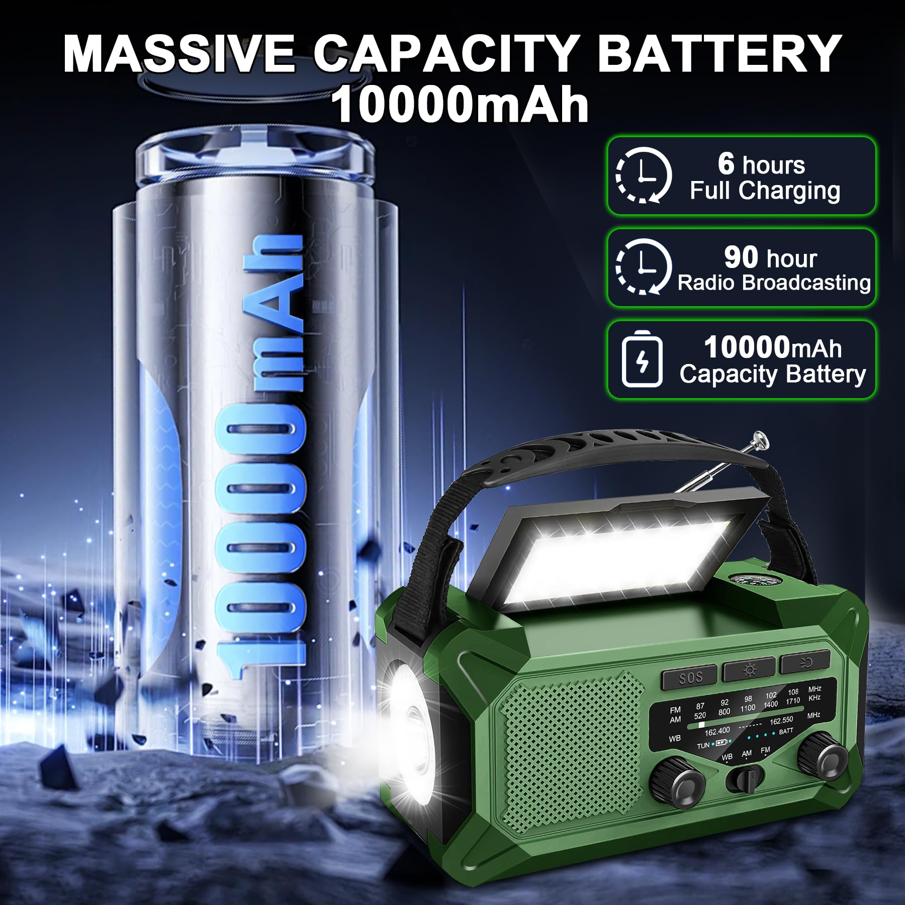 10000Mah Emergency Weather Radio With Solar Charging, Hand Crank Radio Solar Radio Portable Radio Am/Fm/Noaa Radio Led Flashligh