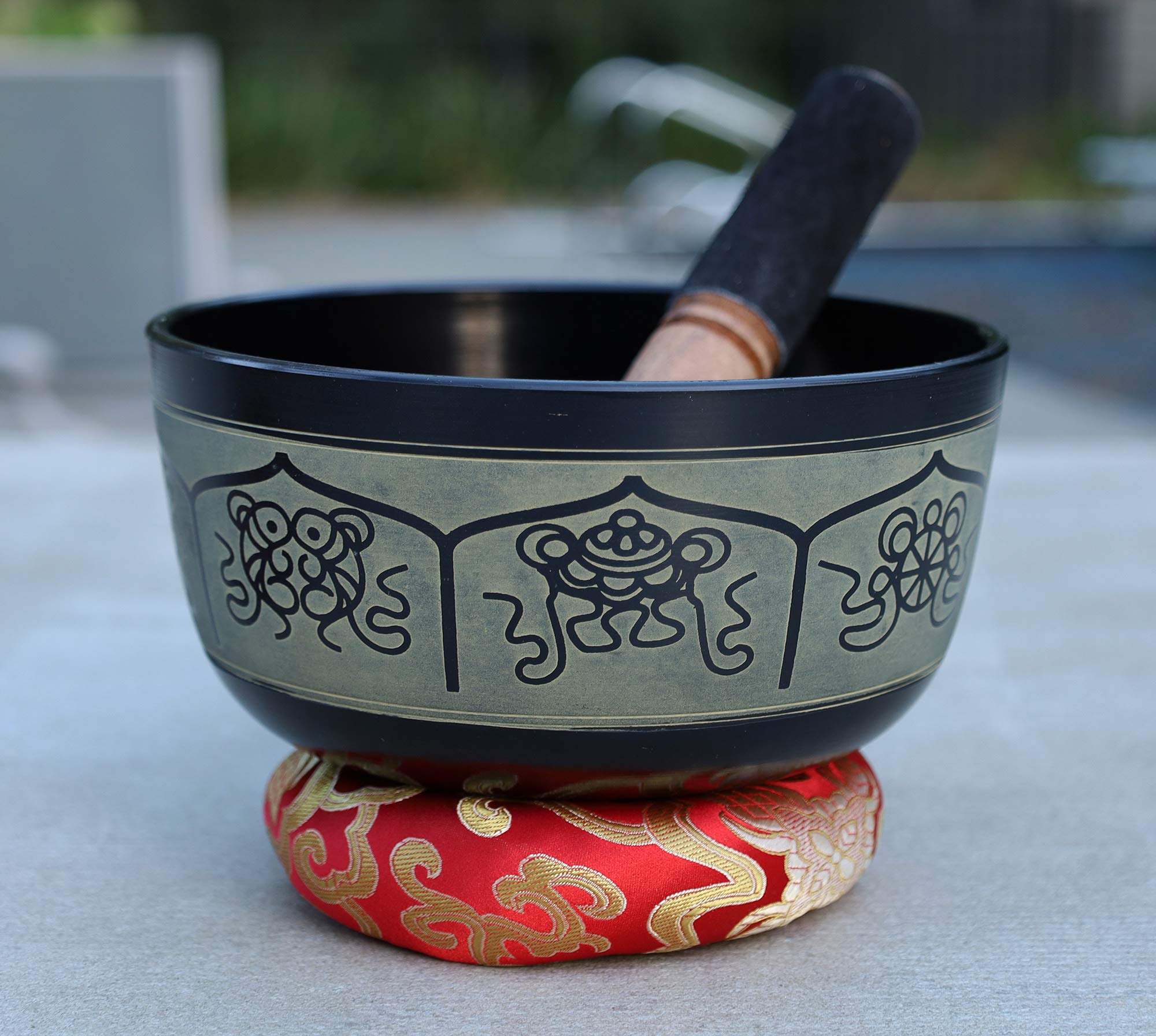 DharmaObjects Tibetan Meditation 8 Lucky Symbols Singing Bowl Mallet Mat Cushion Set (7 Inches, 8 Lucky Symbols)