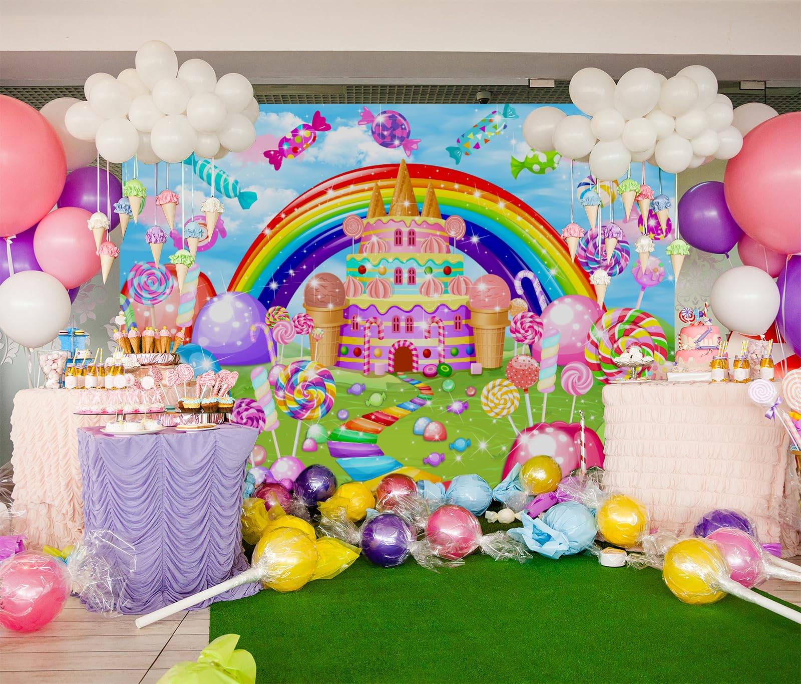 Mocsicka Sweet Candyland Backdrop Lollipop Sweetest Candy Theme Birthday Party Decoration For Girl Candy Ice Cream Castle Rainbo