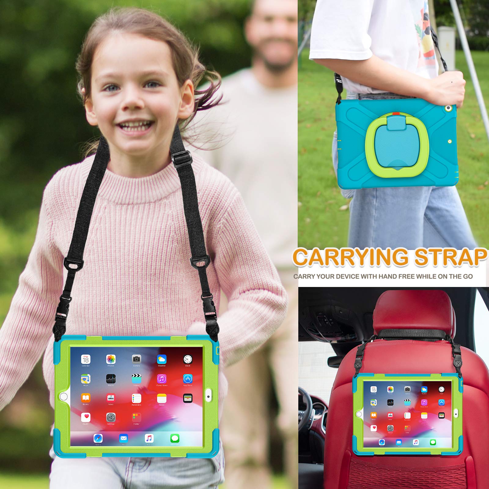 Braecn Case For Ipad 9/8/7,Shockproof Protective Boys Girls Silicone Case With Screen Protector Pencil/Pencil Cap Holder Shoulde