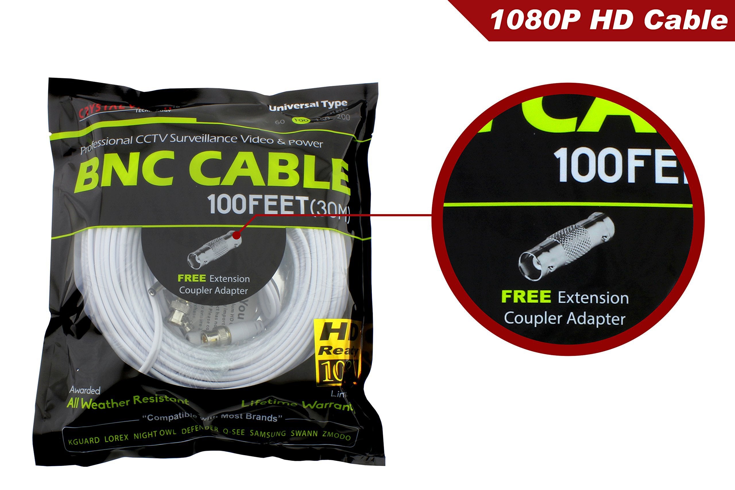 Crystal Vision Premium 1080P Hd Bnc Cctv Surveillance Security Camera Combo Cable Premade Siamese W/Coupler For Samsung, Lorex,