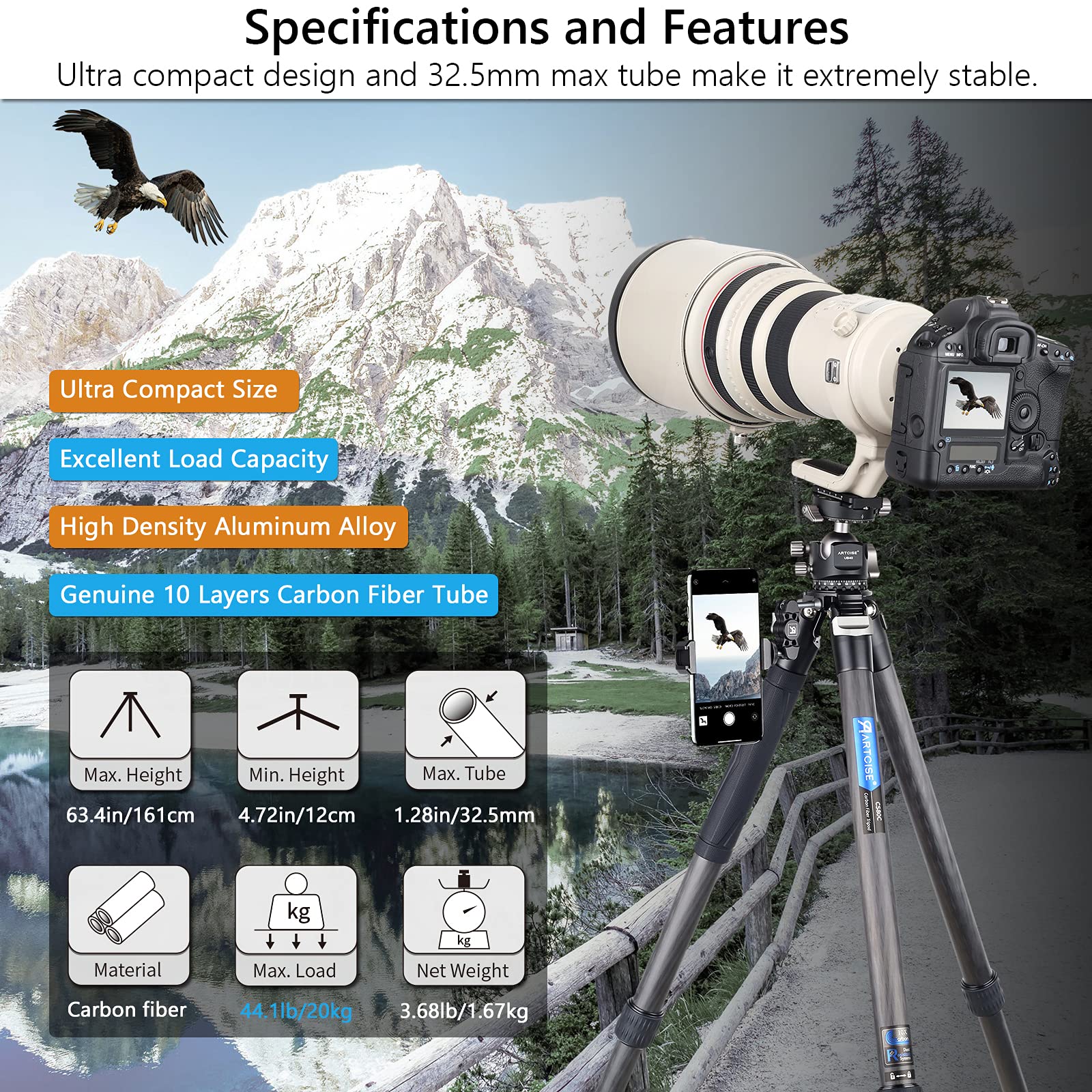 Carbon Fiber Camera Tripod Travel Tripod Artcise Heavy Duty Camera Tripod Professional Travel Tripod Without Ballhead Tripod Monopod For Dslr Camera, Video Camcorder, Max Load 44Lb/20Kg