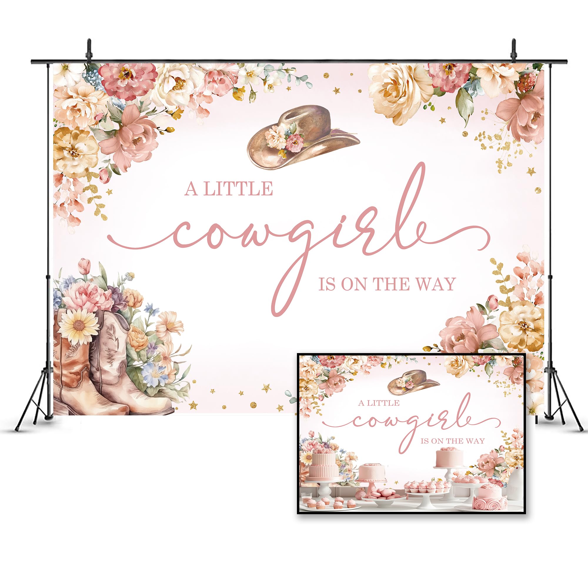 Ufeela Western Cowgirl Baby Shower Backdrop Floral A Little Girl Is On The Way Pink Rustic Watercolor Flower Rose Hat Boots 7Wx5