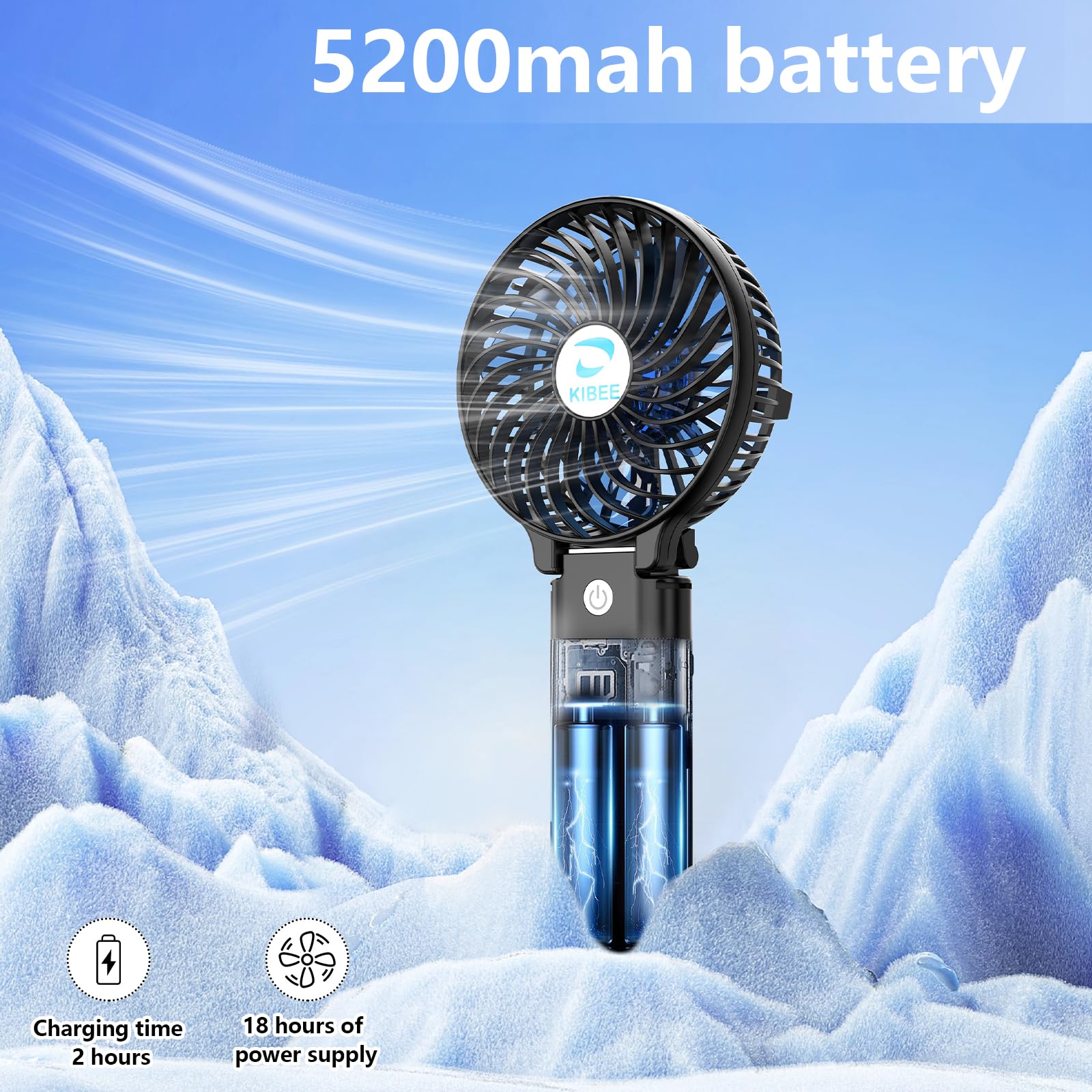Kibee Portable Fan,5200Mah Rechargeable Handheld Fan,180 Foldable Hand Fan,Personal Fan,3 Wind Speeds Camping Fan.Mini Fan For O