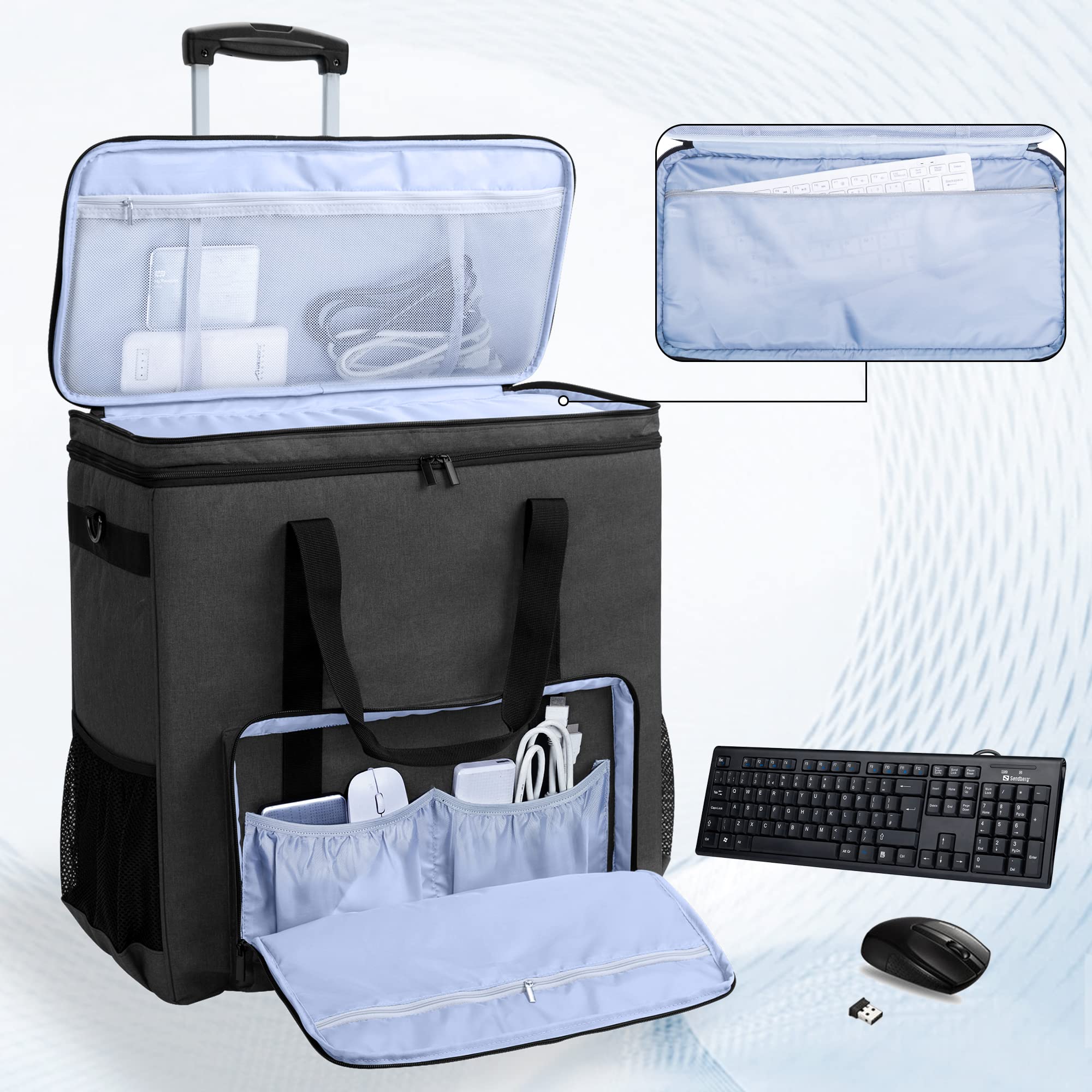 Curmio Rolling Pc Carrying Case, Double Layers Desktop Tower Travel Bag With Wheels For Pc Chassis, Keyboard And Mouse, Black (B