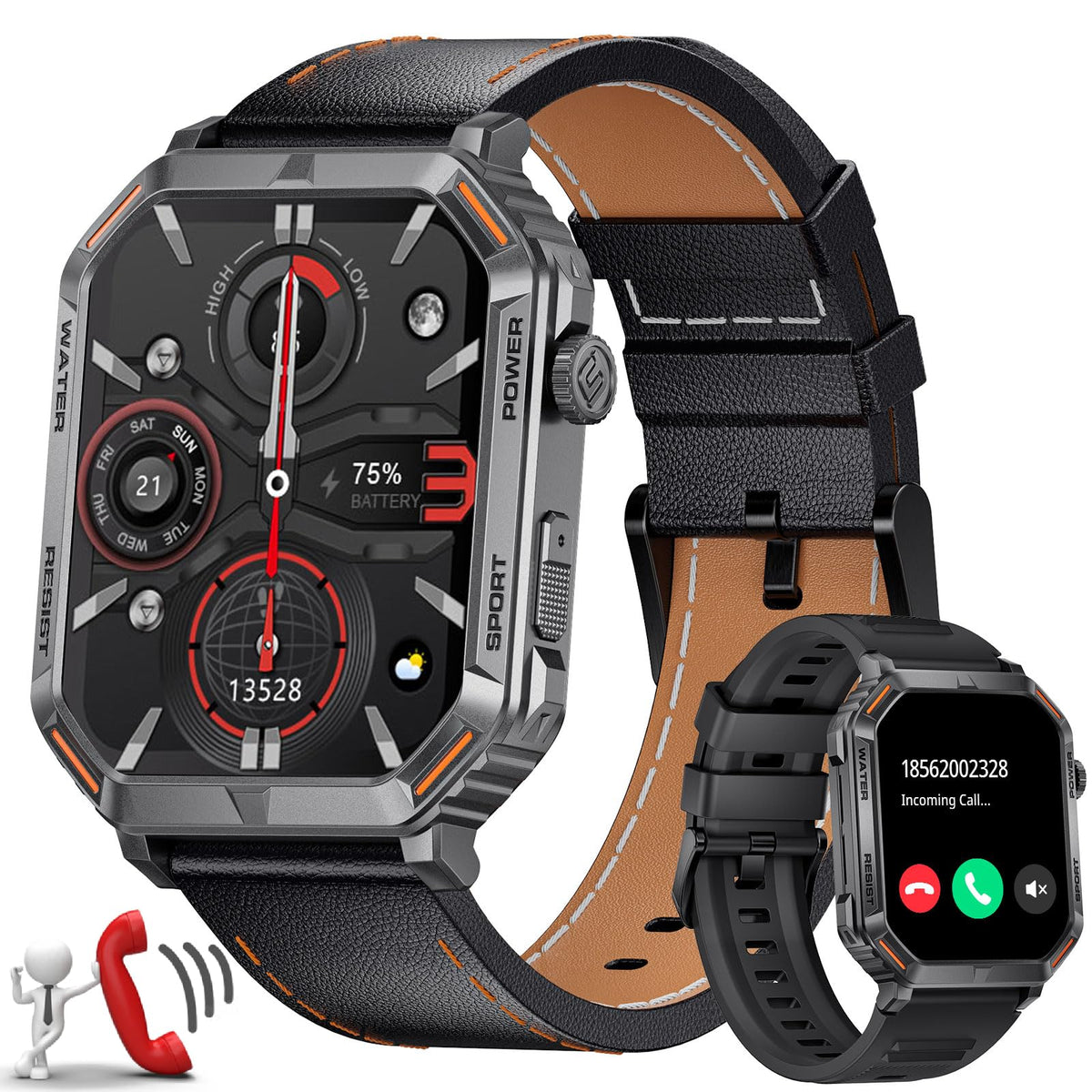 Foxbox Smart Watch With Leather Band For Men, 1.96 '' Smartwatch With 24/7 Heart Rate, Blood Pressure, Sleep Monitor For Ios And