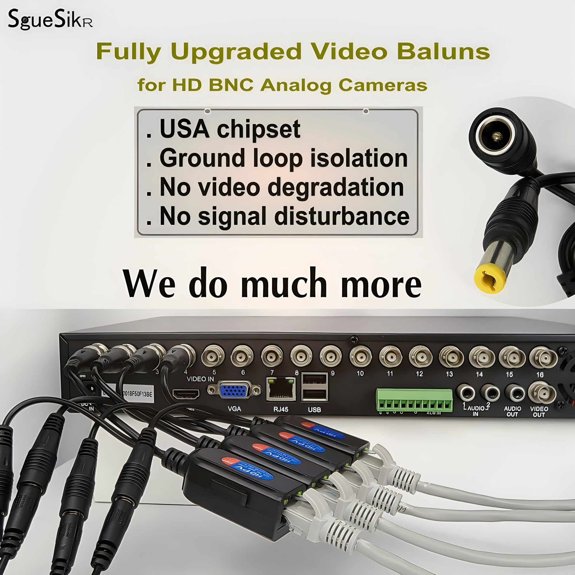 Sguesikr 4 Pair Bnc To Rj45 Passive Video Balun With Power, Cat5E/Cat6 To Bnc Adapter, 1080P 8Mp Analog Surveillance Camera Ethe