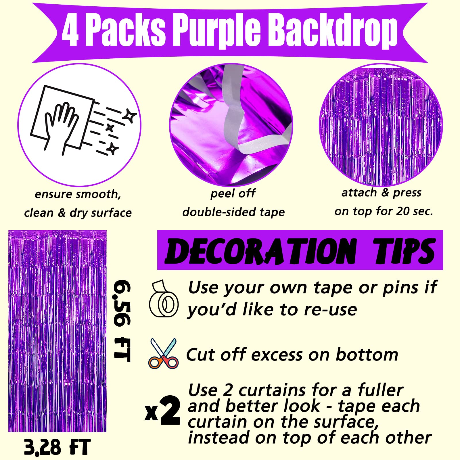 4 Pack Purple Fringe Curtain Backdrop, 3.2Ft X 6.6Ft Metallic Tinsel Foil Fringe Streamers Curtains Background For Photo Booth B