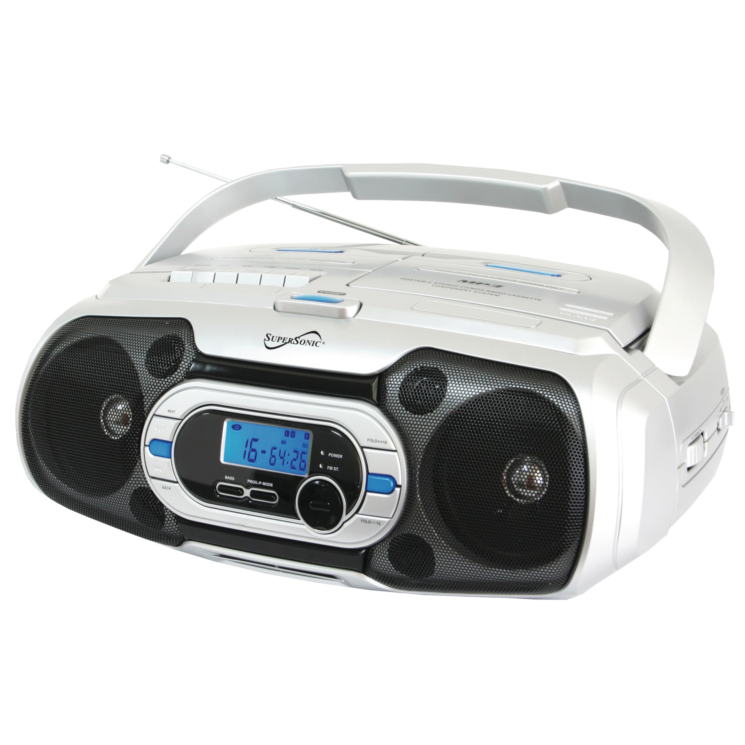 Supersonic Bluetooth Compatible Portable Mp3/Cd Cassette Fm Radio Boombox, White, Small (Sc 729Bt)