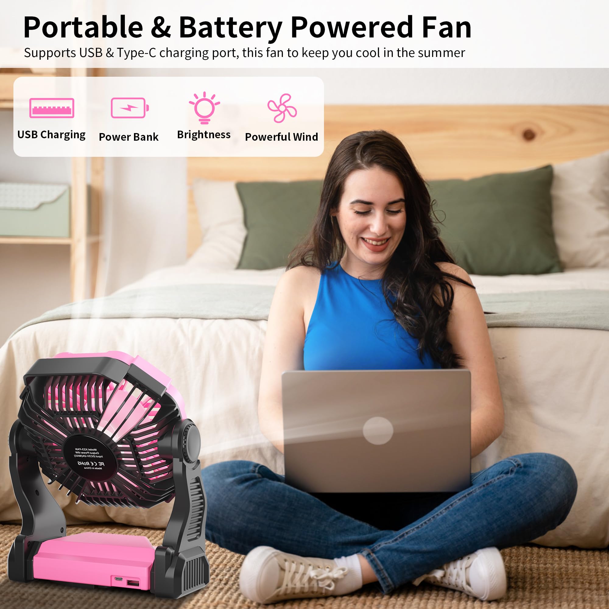 Tdlol Rechargeable Fan Battery Powered Fan,Portable Camping Fan With Led Lights & 360Hook,Battery Operated Fan For Camping,Cordl