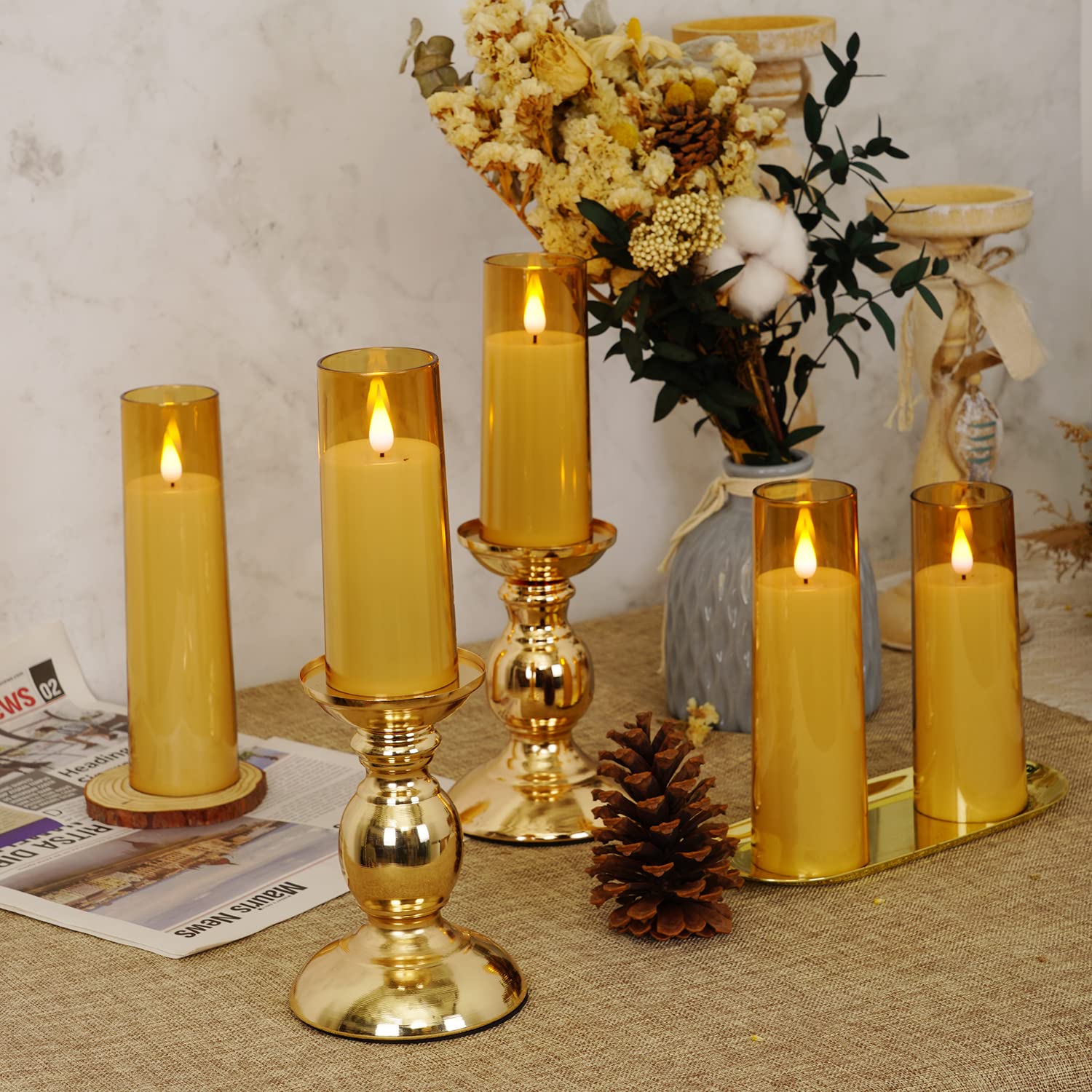 Amagic Flickering Flameless Candles, Battery Operated Candles, Amber Gold Acrylic Led Pillar Candles With Remote And Timer, 3D W