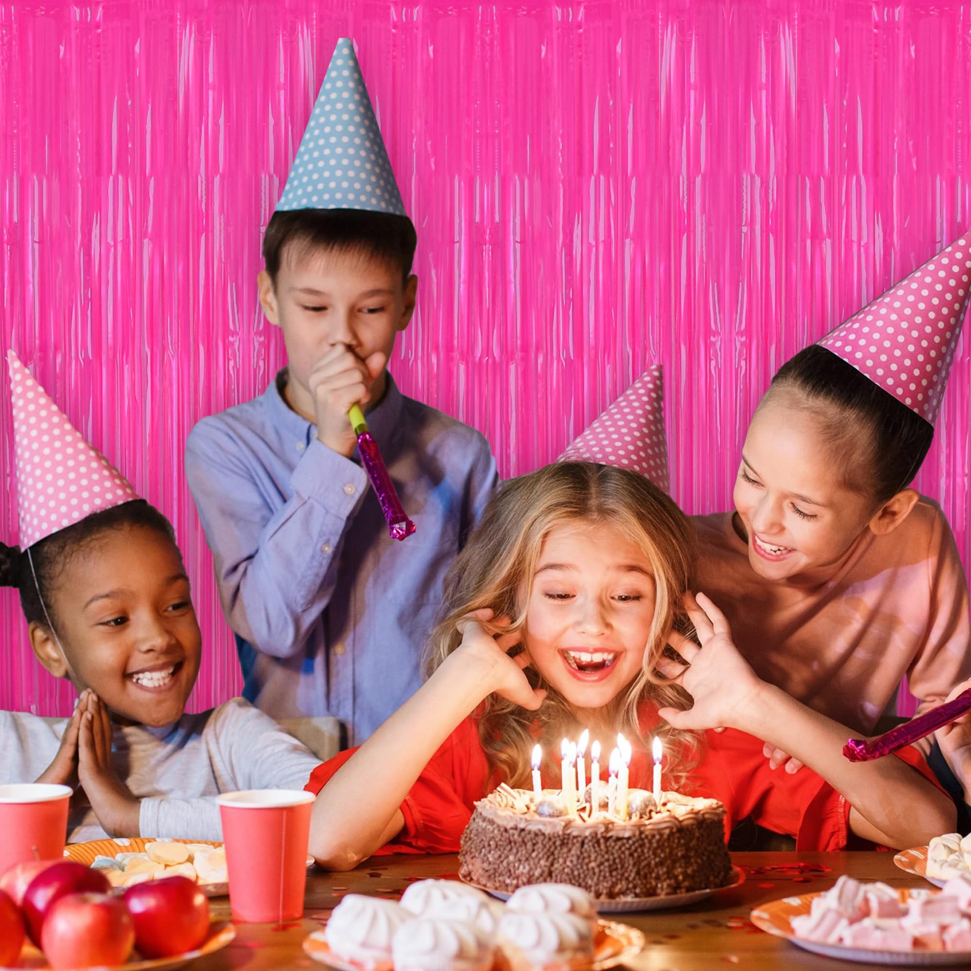 Beishida 2Pcs Hot Pink Door Streamer Fluorescent Hot Pink Backdrop Blue Foil Fringe Curtains Tinsel For Birthday Baby Shower Bac