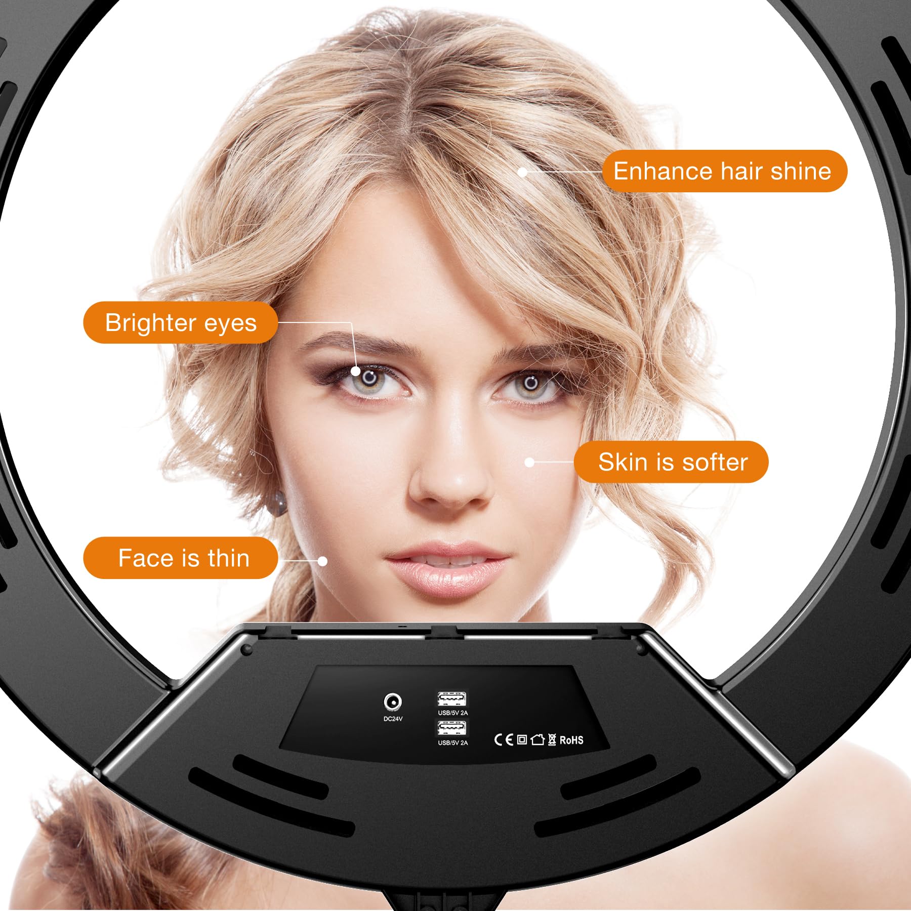 22'' Led Ring Light With Stand 75'' Tripod For Iphone,Lcd Display/3+1 Phone Clips/ 2 Usb Ports/Wireless Remote, Adjustable 2600K