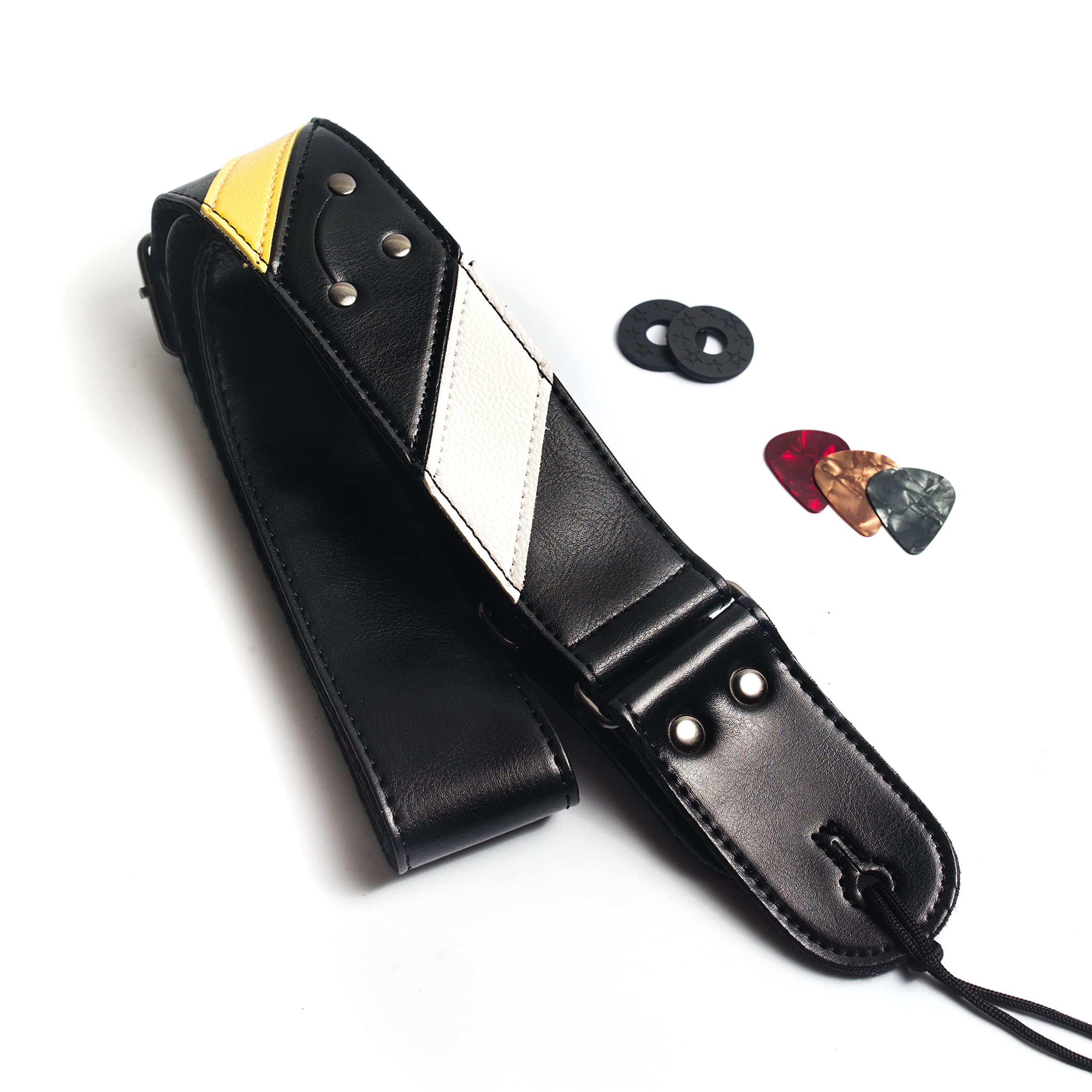 Guitar Strap For Bass, Electric & Acoustic Guitar, Strap Locks Included (Black Leather)