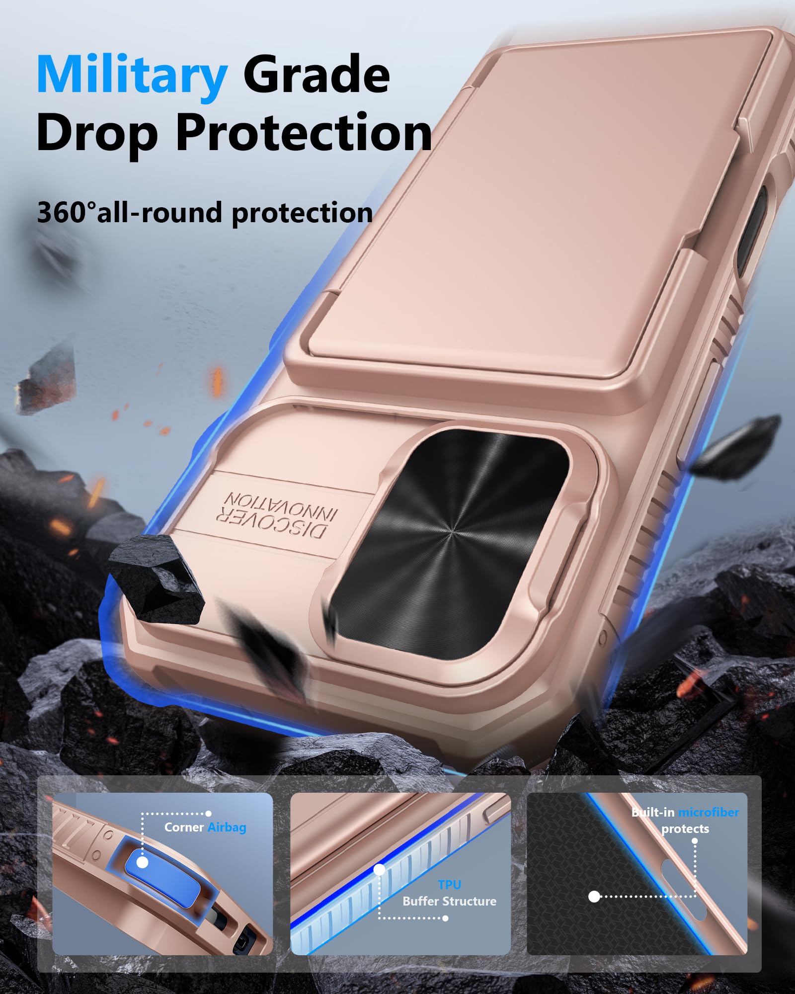 Atatoo For Iphone 16 Case Wallet, Built In Card Holder (Store 3 5 Cards) & Slide Lens Cover, Military Grade Protection, Shockpro