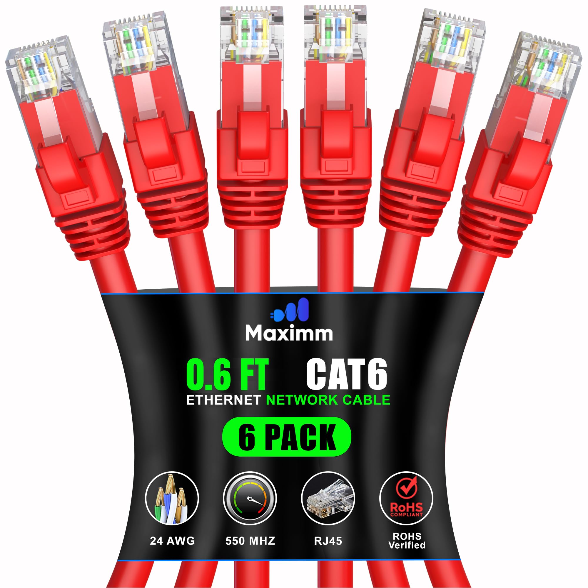 Maximm Cat 6 Ethernet Cable 0.6 Ft (6 Pack)   High Speed Lan Cable, Internet Cable, Patch Cable, And Network Cable   Utp, 10Gbps, 550Mhz Ethernet Cord   Red