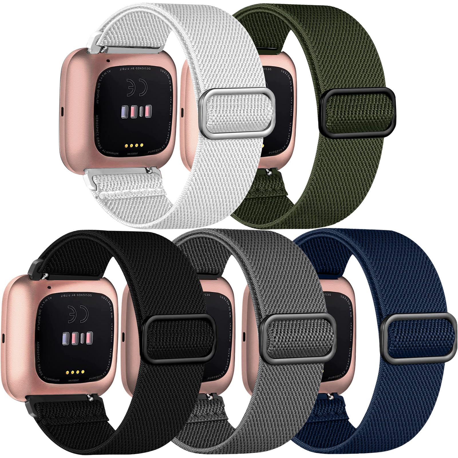 Chinber 5 Pack Bands Compatible With Fitbit Versa 2 Bands, Soft Adjustable Nylon Sport Band For Fitbit Versa Smart Watch Women M