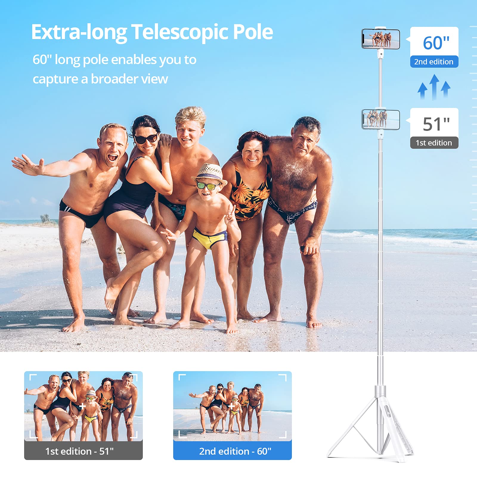 Atumtek 60'' Selfie Stick Tripod, All In One Extendable Phone Tripod Stand With Bluetooth Remote 360 Rotation For Iphone And And