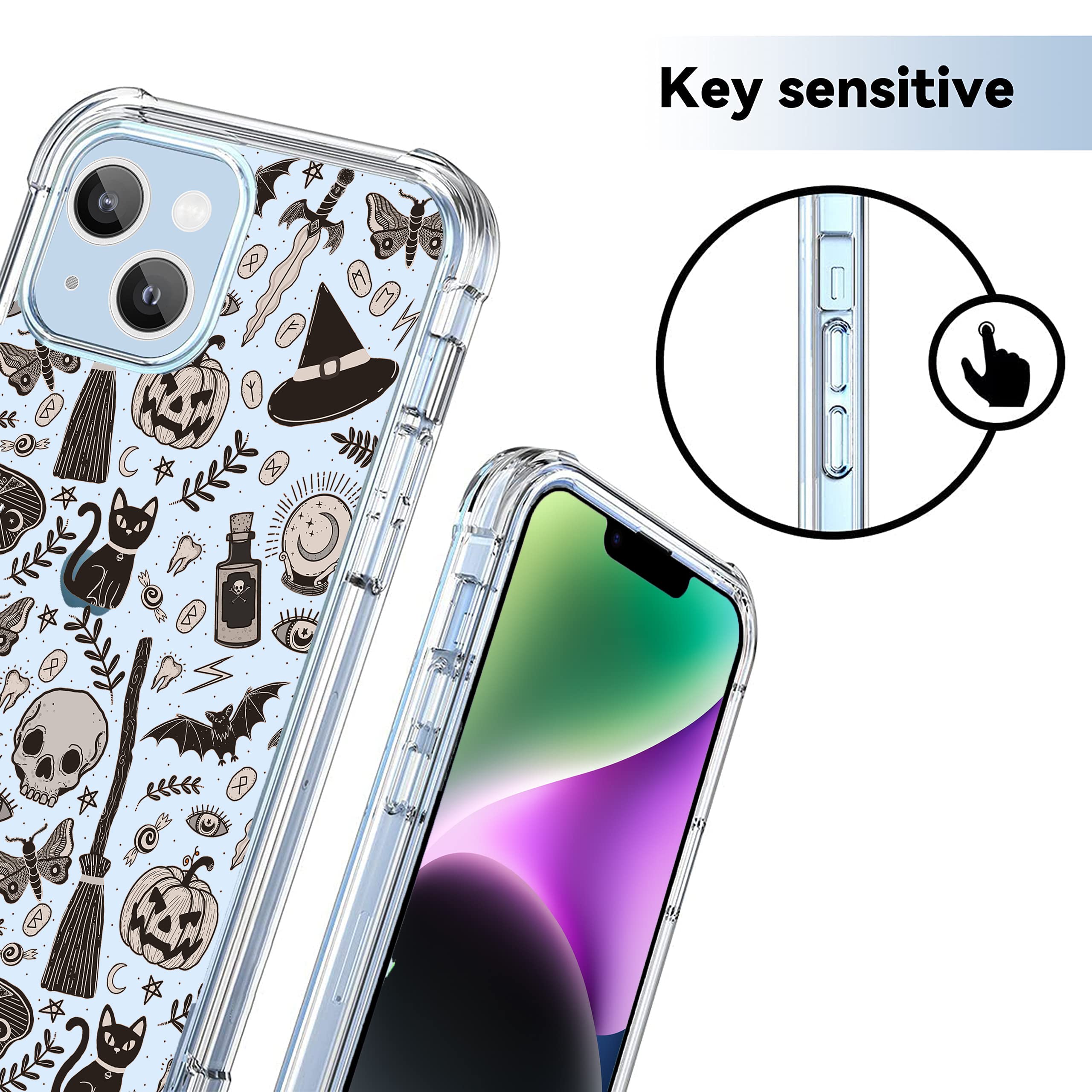 Vesidurt Black Halloween Clear Case For Iphone 14,Pumpkin Skull Bat Pattern For Men Women,Trendy Transparent Soft Tpu Bumper Cas