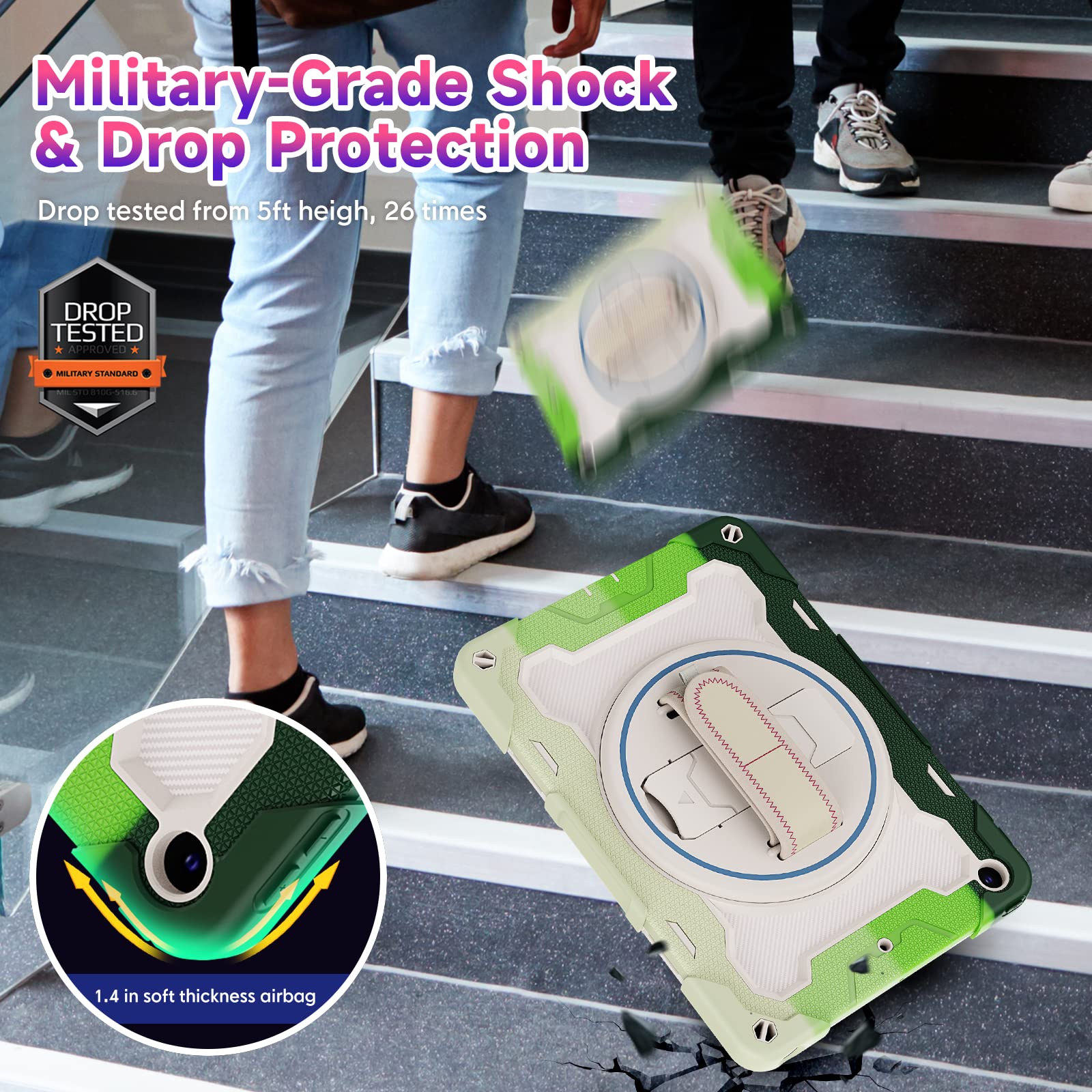 Rosrome Kids Case For Ipad 10.2 Inch Ipad 9Th/8Th/7Th Generation 2021/2020/2019 With Screen Protector,Rotating Stand Hand Strap