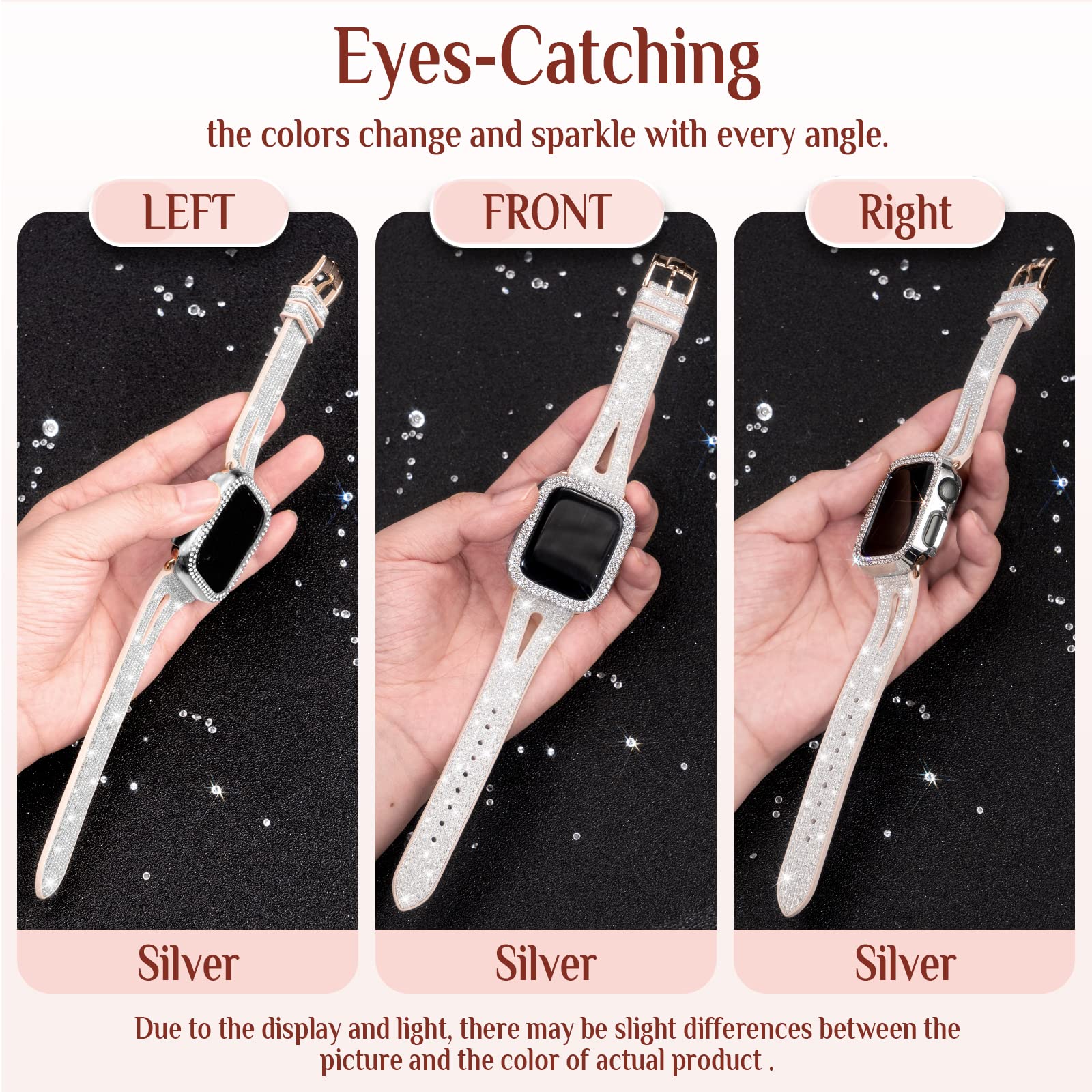 Goton Bling Band + Case For Apple Watch Bands 45Mm 44Mm 41Mm 40Mm 38Mm Series Se 6 5 4, Women Glitter Silicone Thin Strap + Bump