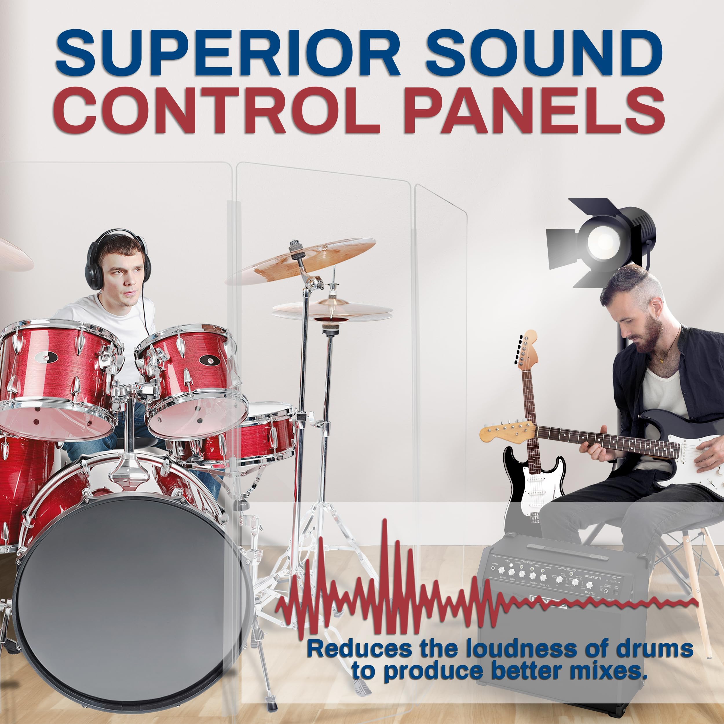 Pennzoni Drum Shield 5Ft W/Plastic Hinges, Comes W/ 6 Drum Panels & Plastic Hinges, Premium Clear Acrylic Panels, Drum Screen
