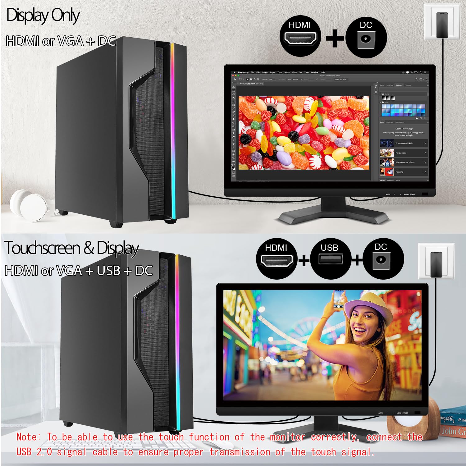 Pisichen Touchscreen Monitor 21.5 Inch Full Hd 1920X1080P 10 Point Multi Touch Screen Pc Monitor With Hdmi Vga Usb Port, Built I