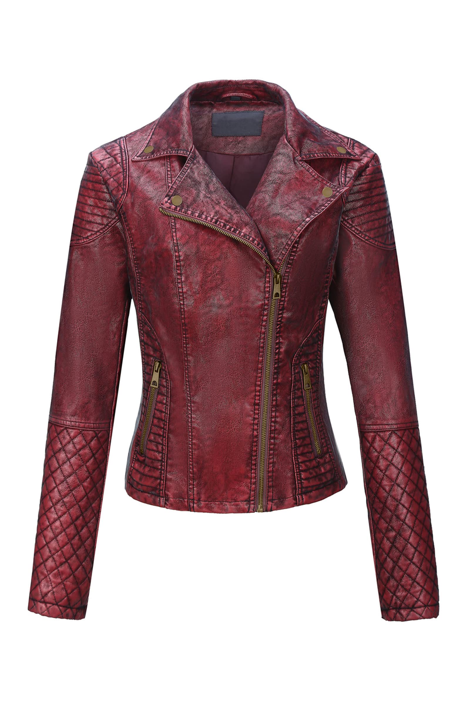 Bellivera Faux Leather Short Jacket, Women Spring Fall Clothes Trendy Retro Frosted Moto Biker Casual Coat 17909 Red Xxl
