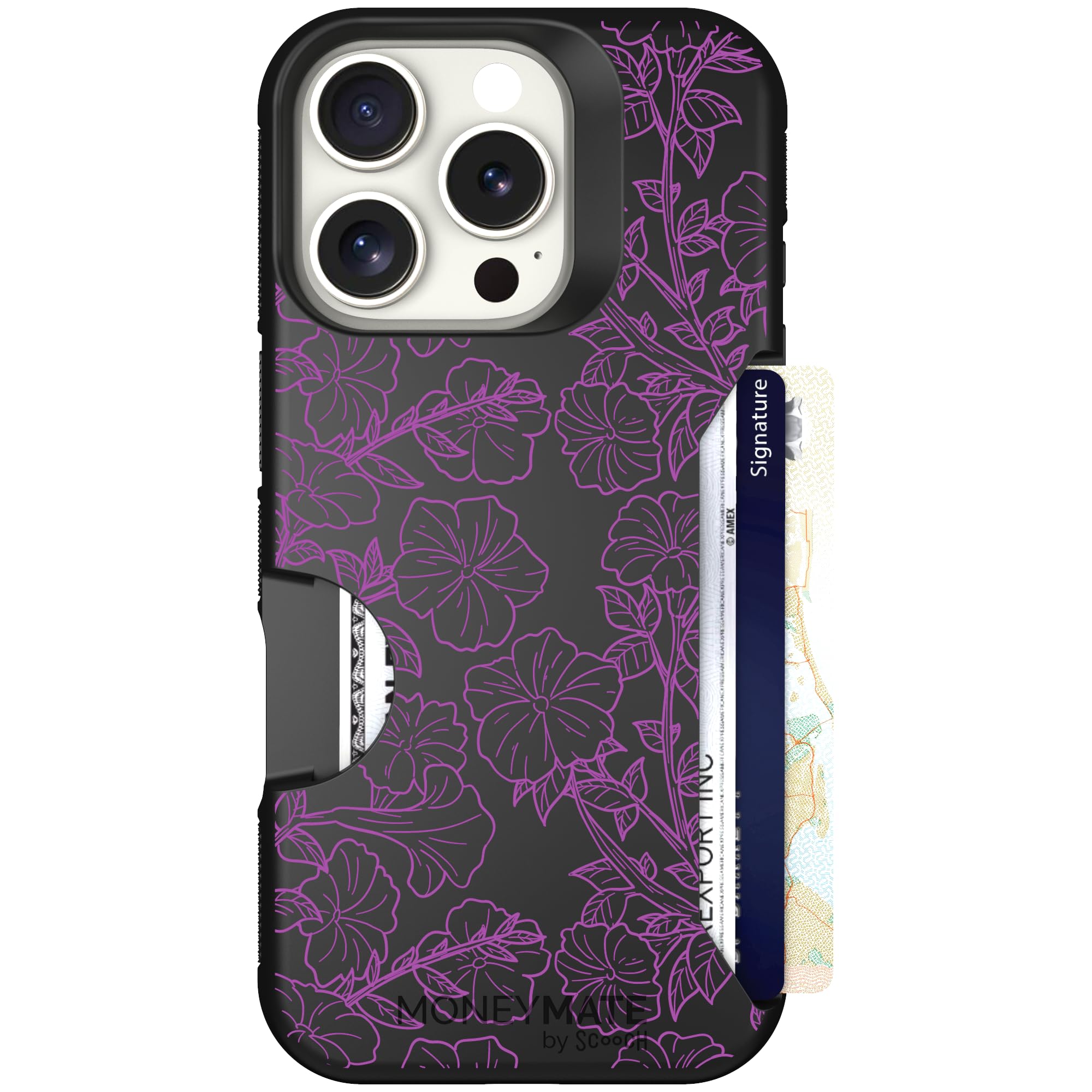 Scooch for iPhone 16 Pro Case with Card Holder, Moneymate Wallet Case with Hidden Card Slot and Protection for 4 Cards, 10-Foot 