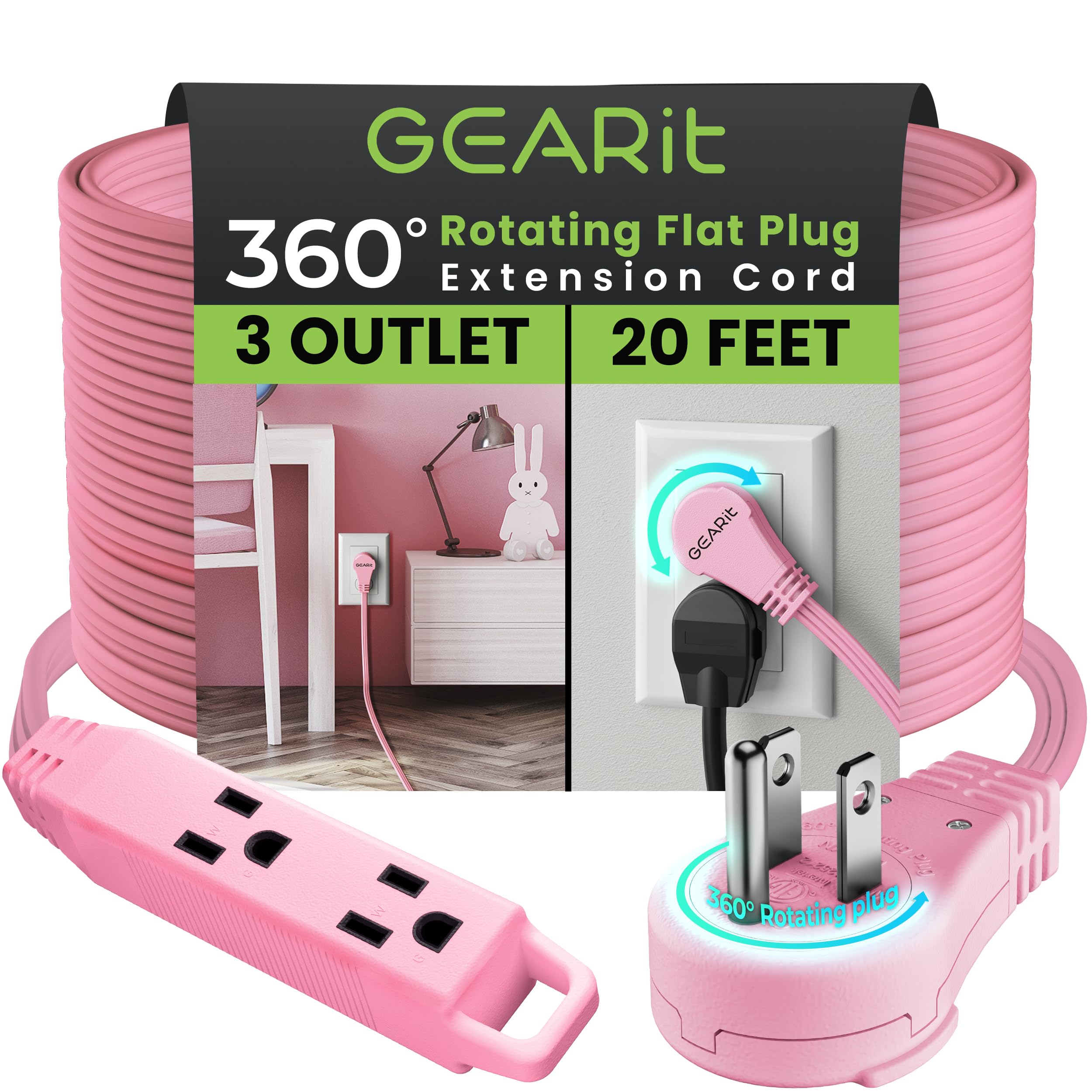 Gearit 360 Rotating Flat Plug Extension Cord With 3 Outlets (20Ft, Pink) 16Awg/13A 3 Prong Wire, Outlet Saver For Home Office Do