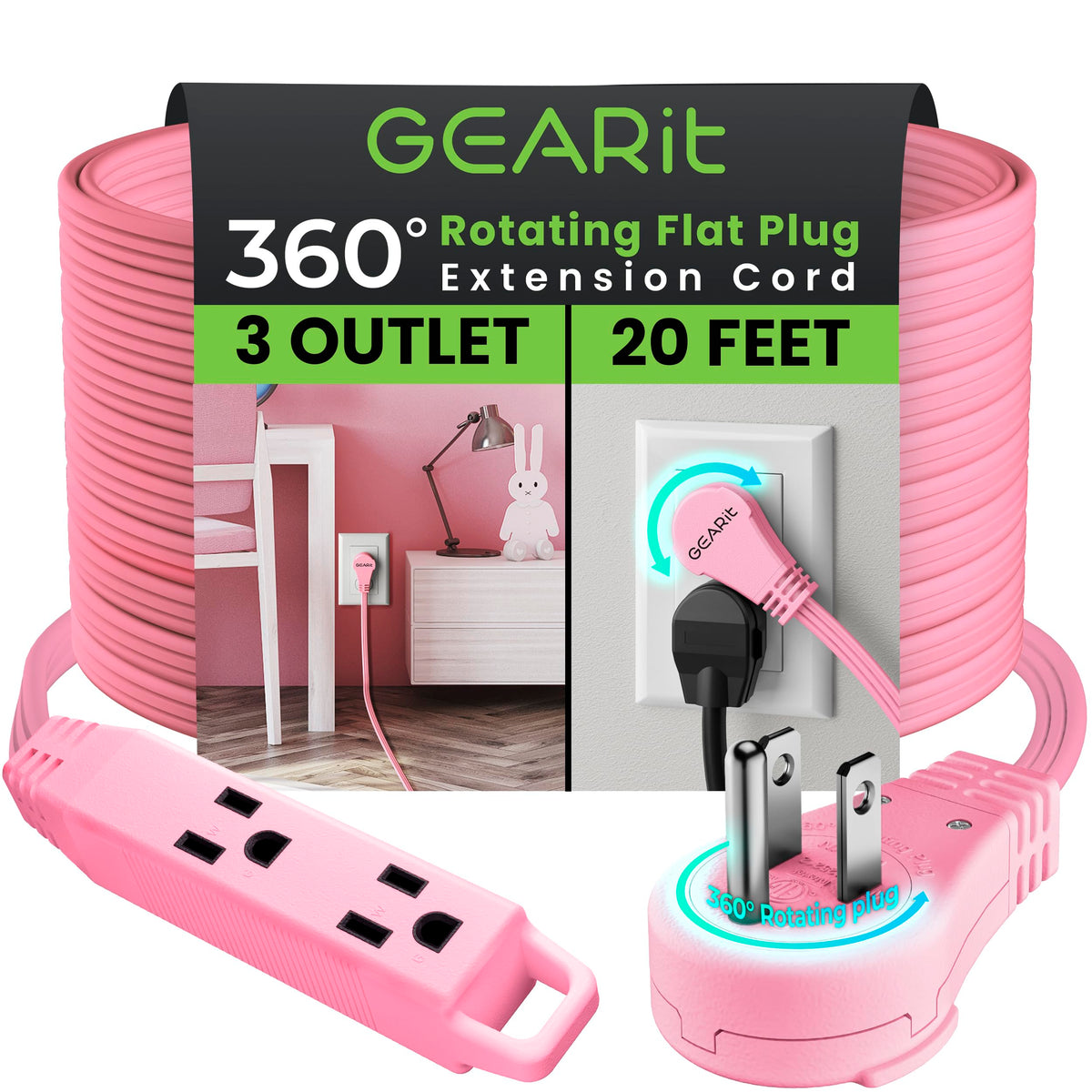 Gearit 360 Rotating Flat Plug Extension Cord With 3 Outlets (20Ft, Pink) 16Awg/13A 3 Prong Wire, Outlet Saver For Home Office Do