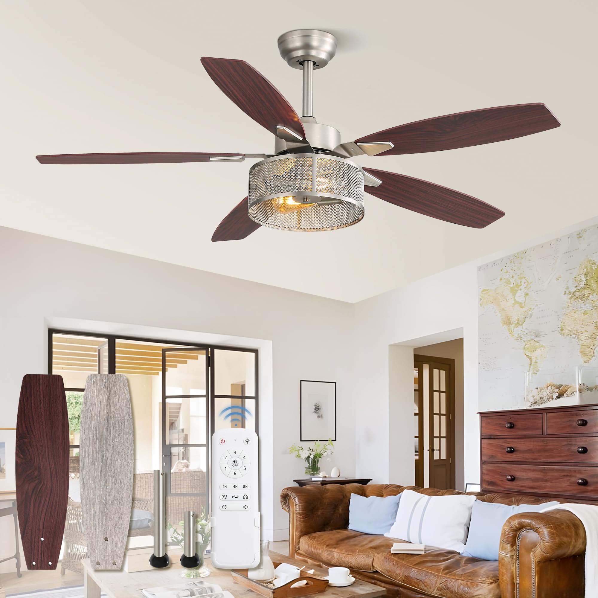 Farmhouse Brushed Nickel Ceiling Fans With Lights And Remote, 52 Inch Bedroom Caged Ceiling Fans For Living Room Kitchen,6 Speed