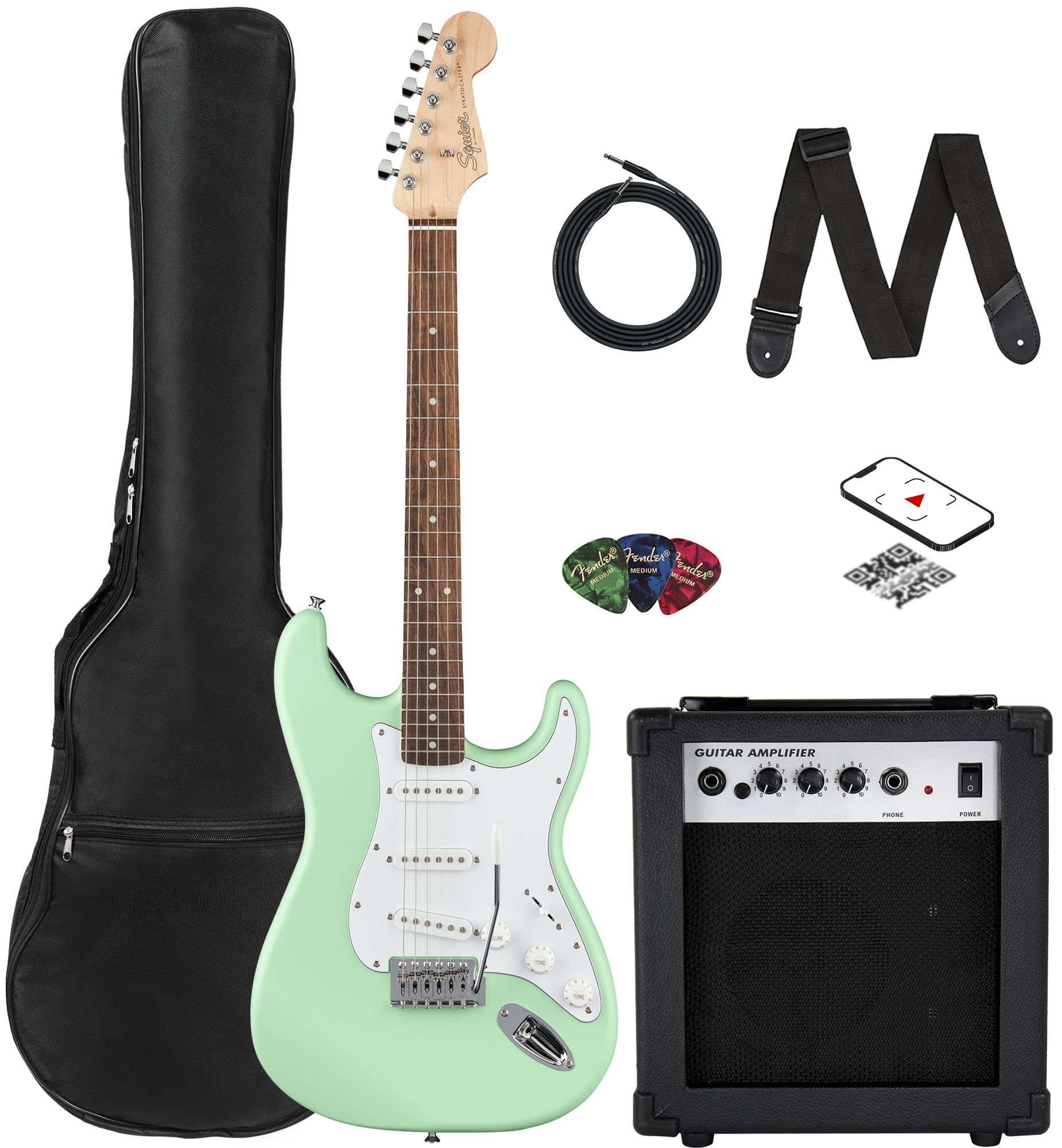 Fender Squier Stratocaster Electric Guitar - Surf Green Bundle with Amplifier, Gig Bag, Cable, Strap, Picks, and Austin Bazaar I
