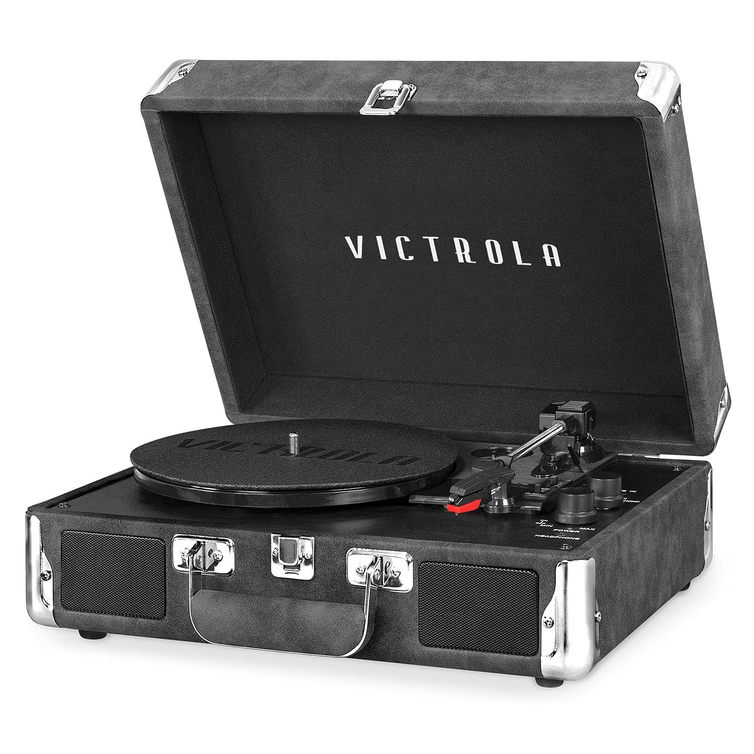 Victrola Vintage 3 Speed Bluetooth Portable Suitcase Record Player With Built In Speakers | Upgraded Turntable Audio Sound|Gray,