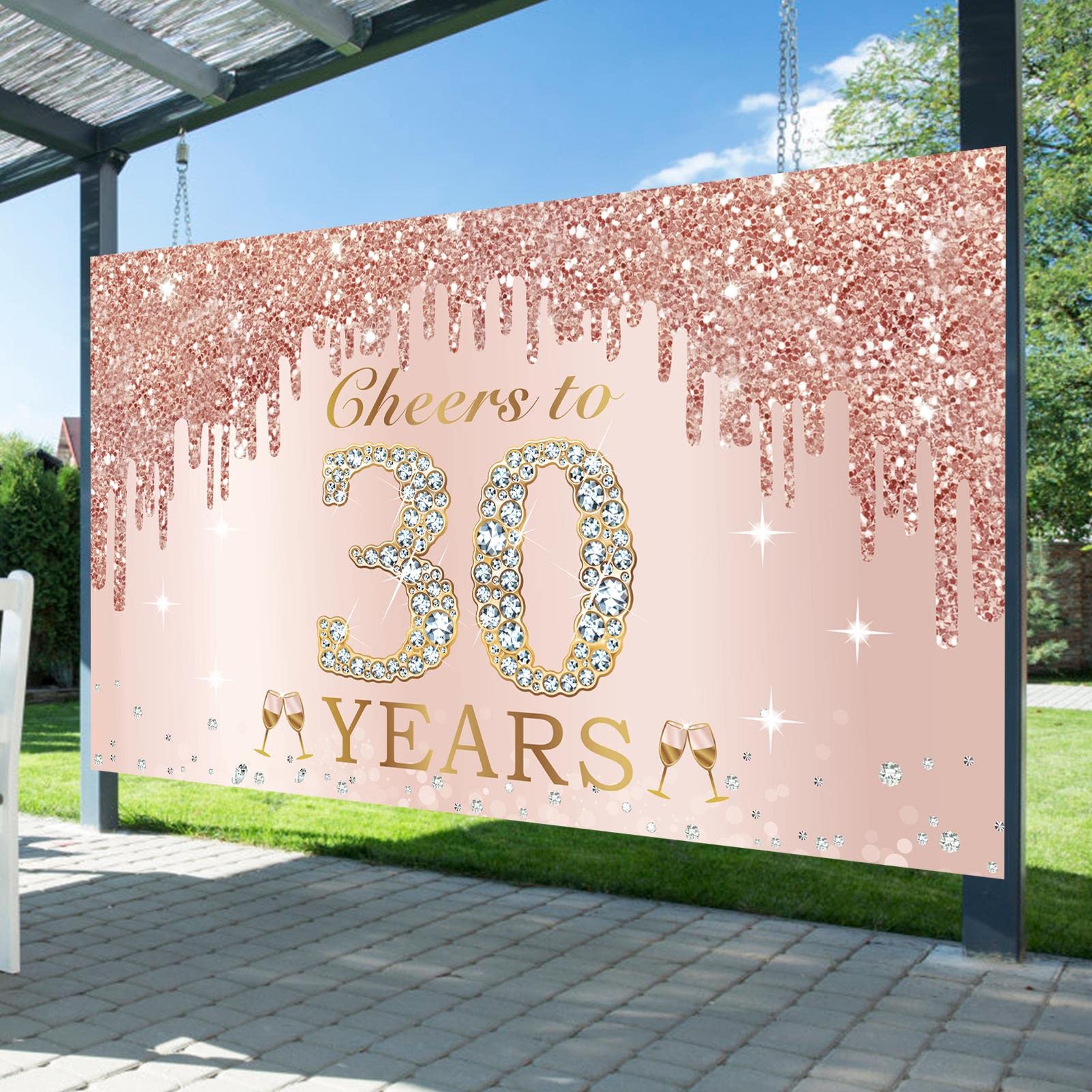 30Th Birthday Decorations Cheers To 30 Years Banner, Pink Rose Gold Happy Birthday Backdrop Sign Party Supplies For Women Her, T