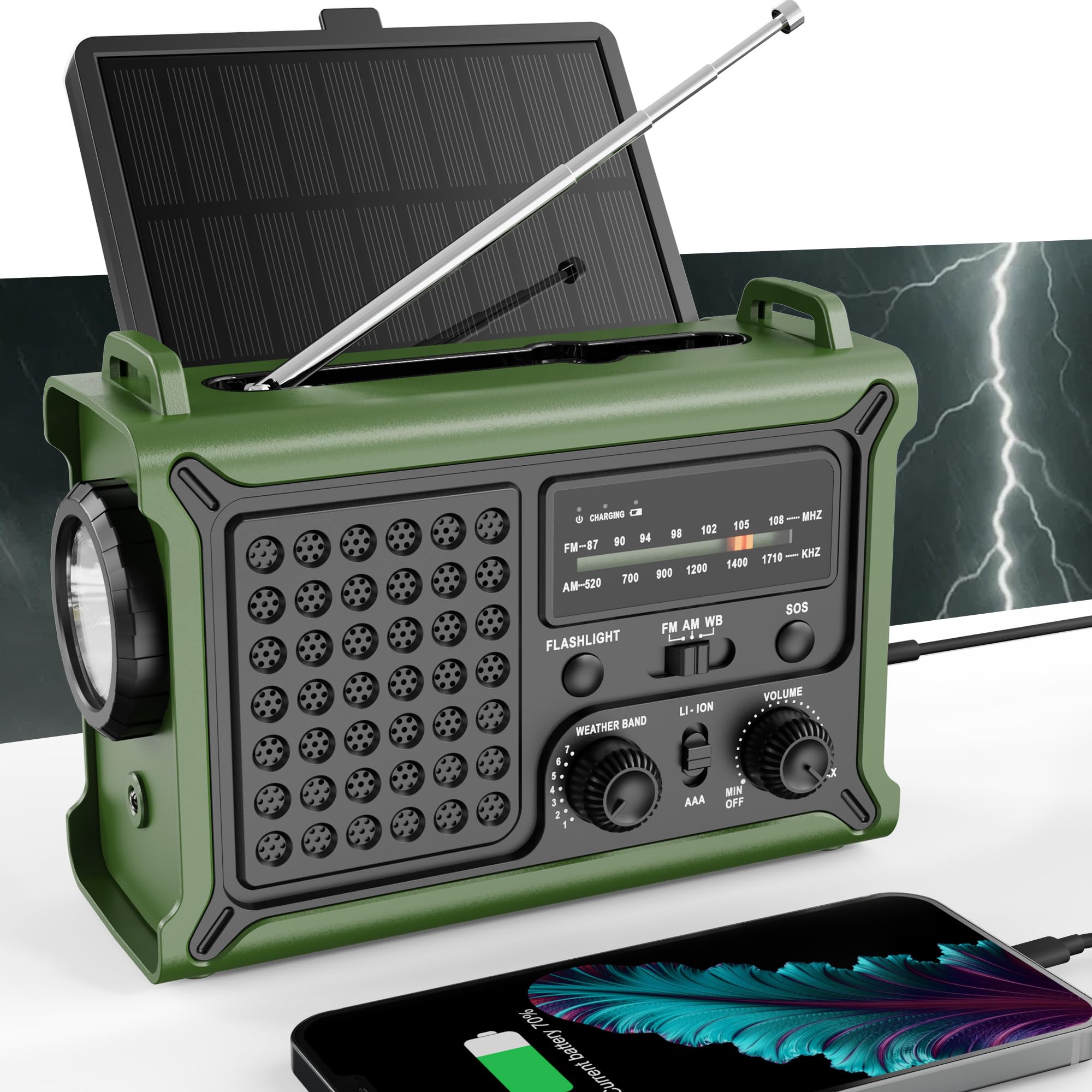 Emergency Weather Radio With Solar & Crank Power - Am/Fm/Noaa, Led Flashlight, Reading Light, Usb Charging & Sos - Survival Gear