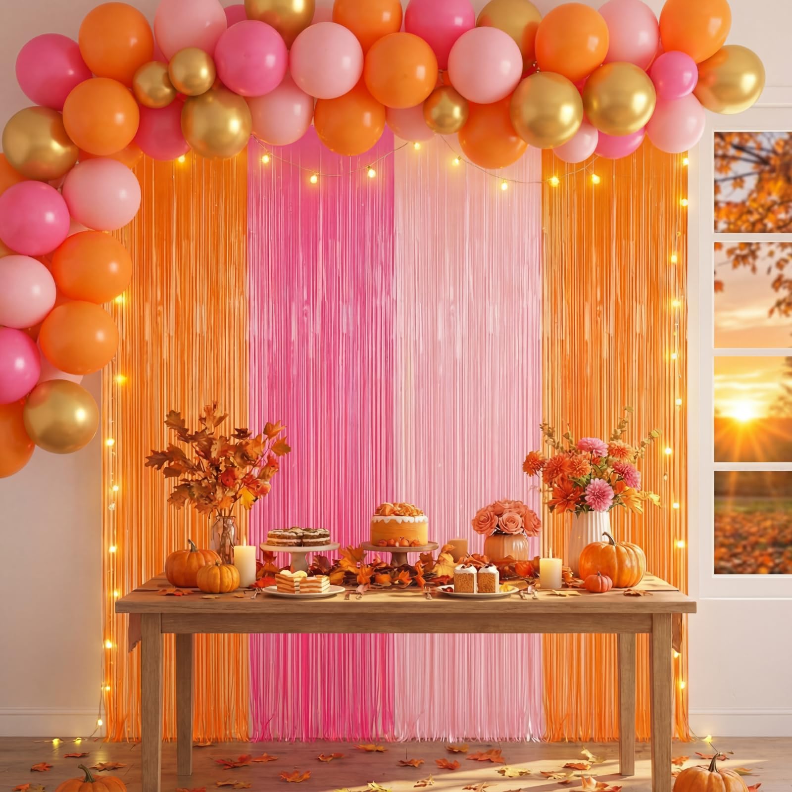 Frienda 4Pcs Sunset Party Decorations 6.6Ft Fringe Curtains Party Decorations Pink and Orange Backdrop Curtains for Sunset Autum