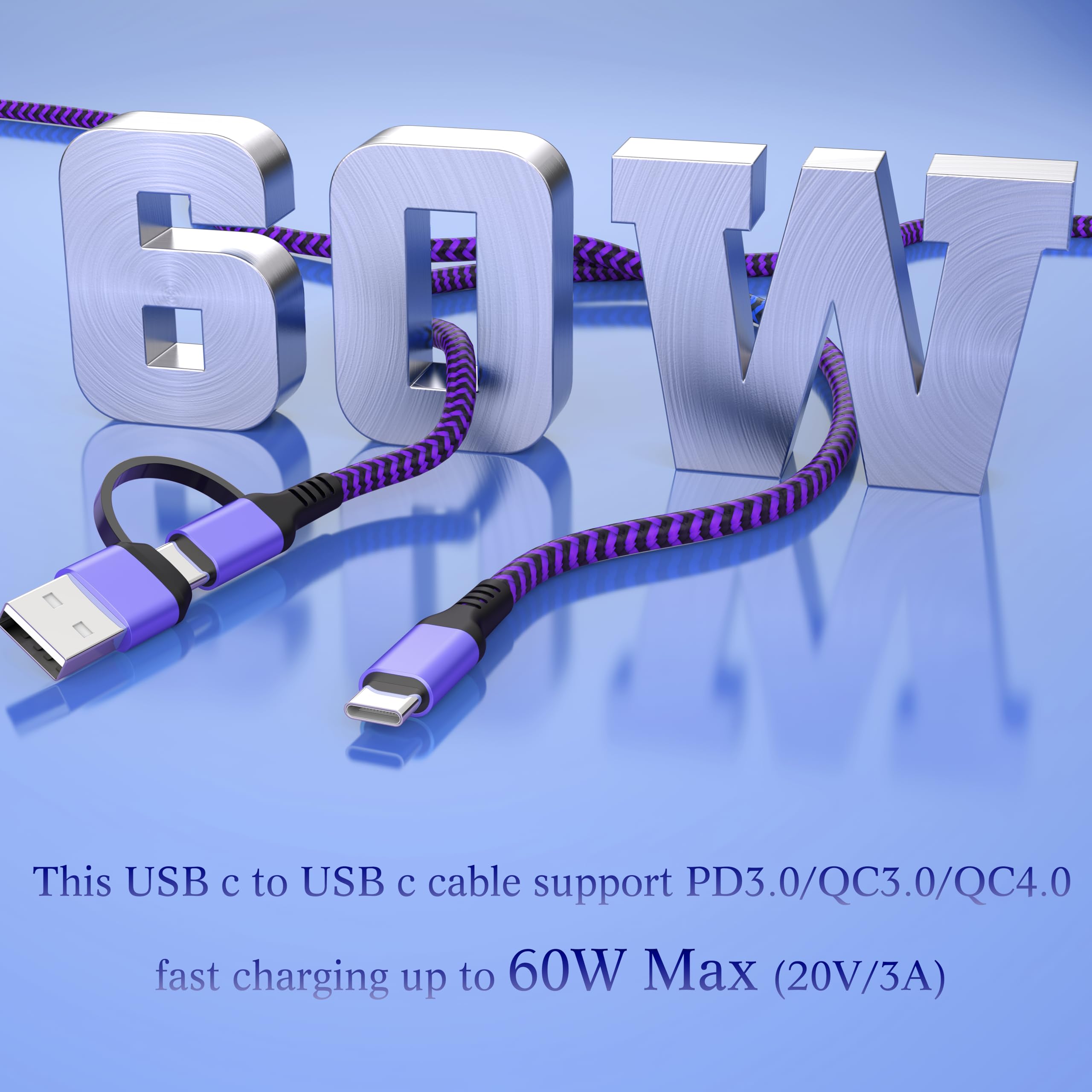 Qqlike Usb C Cable 6Ft, 2Pack 60W 2In1 Charging Cable Type C Charger Fast Charging Cable Nylon Braided Usb A/C To Usb C Cable Fo