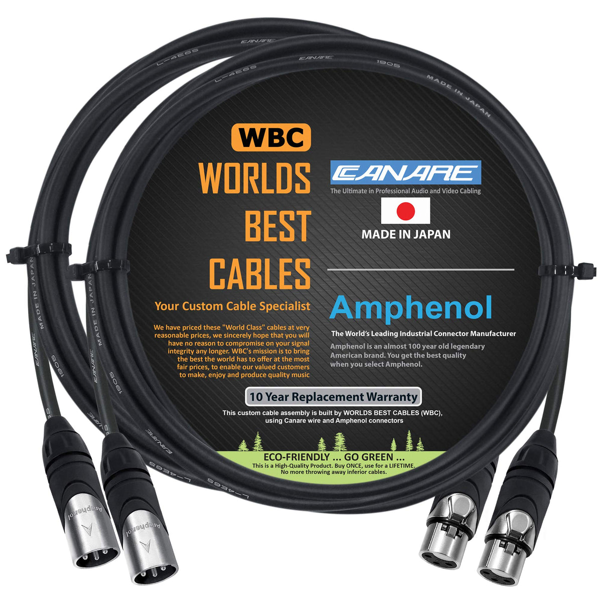 Worlds Best Cables 2 Units   4 Foot   Canare L 4E6S, Star Quad Balanced Male To Female Microphone Cables With Amphenol Ax3M & Ax