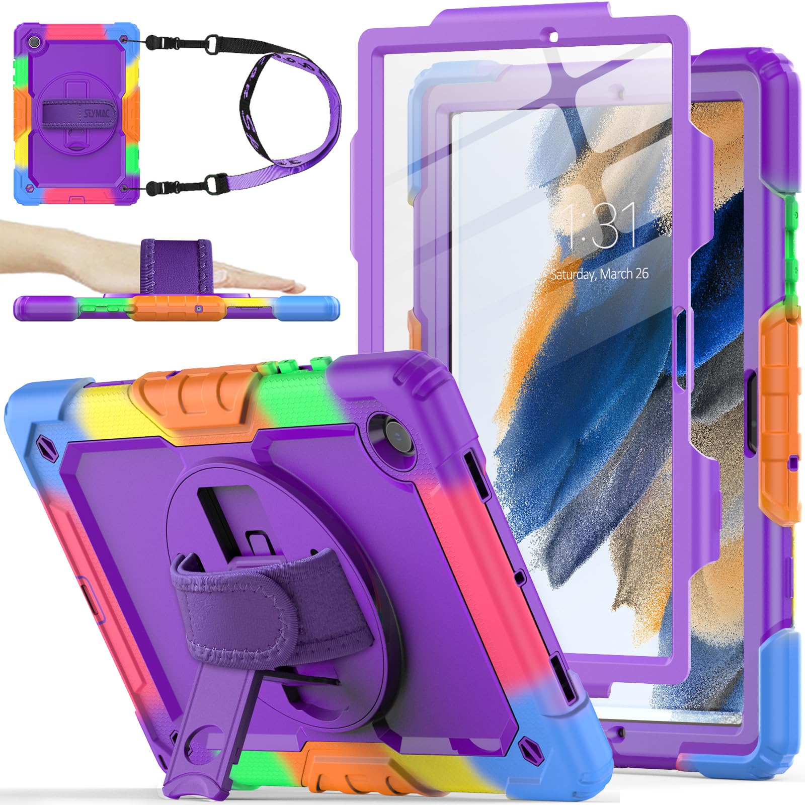 Seymac Stock 360 Hand Strap Shockproof Case For Samsung Galaxy Tab A8 10.5 Inch, Purple+Colorful