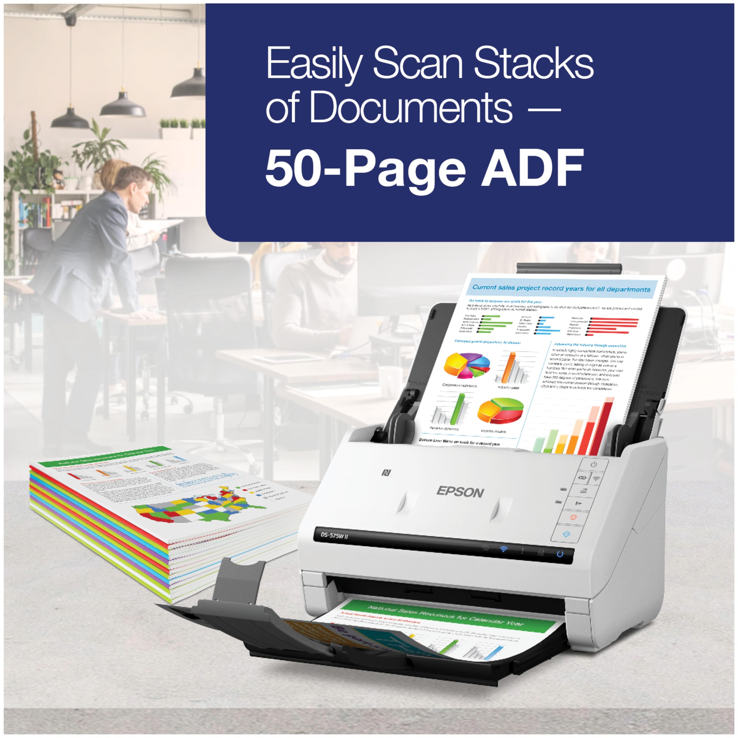 Epson Ds-575W Ii Wireless Color Duplex Document Scanner For Pc And Mac With 50-Page Auto Document Feeder (Adf), Twain And Isis D