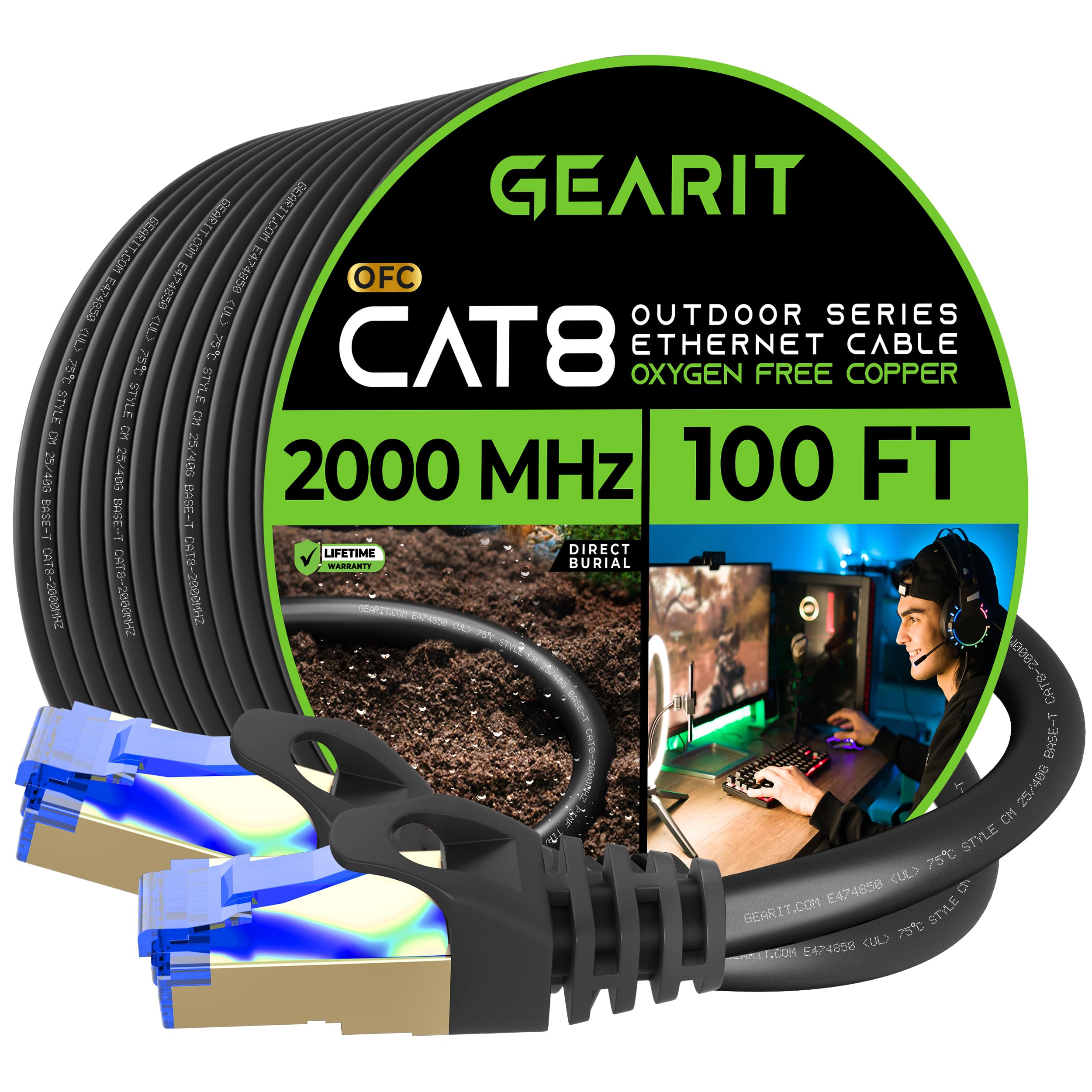 Gearit Cat8 Outdoor Ethernet Cable (100 Feet) Waterproof, Direct Burial, In Ground, Lldpe Uv Jacket, Pure Copper, 26Awg, 40Gbps