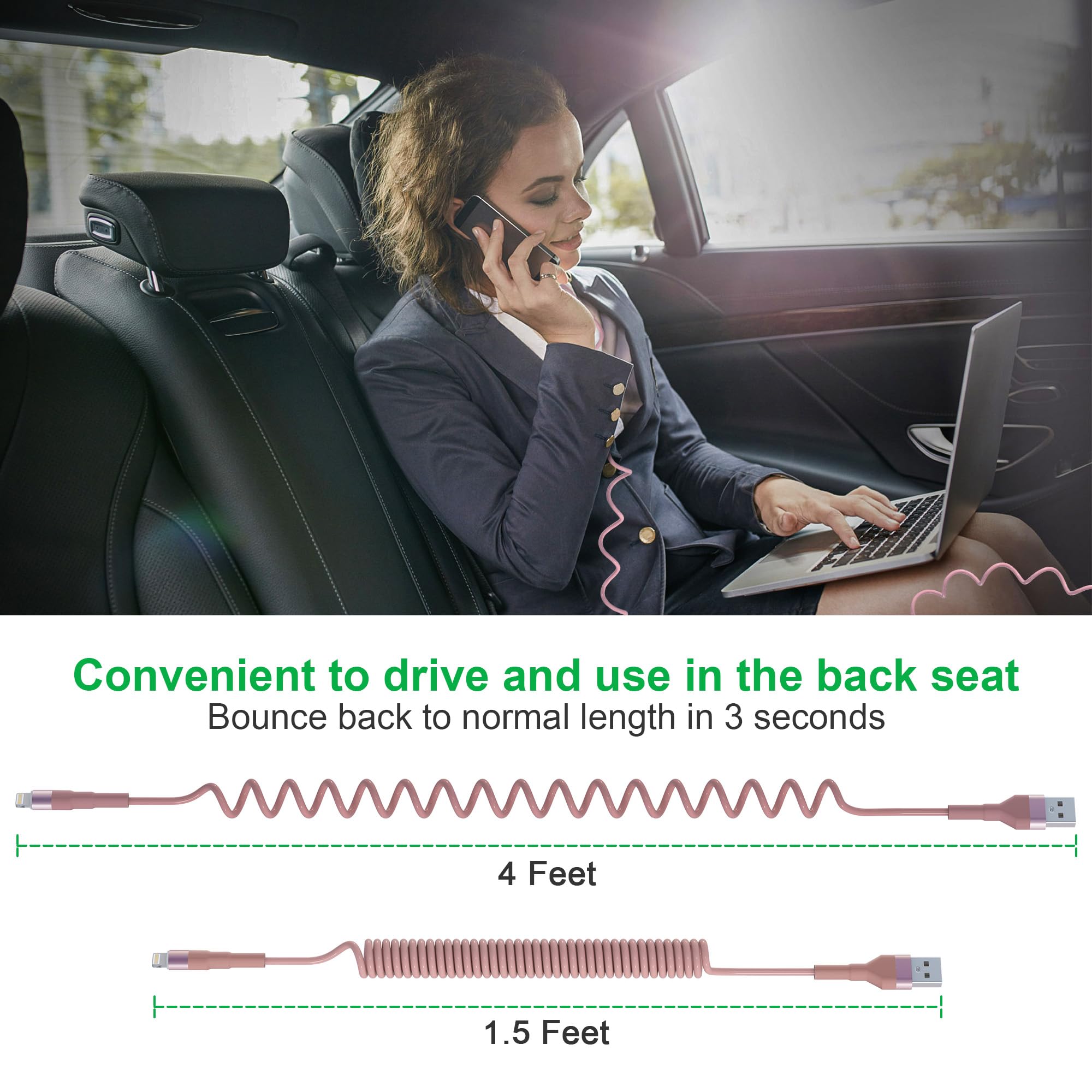 Coiled Usb To Lightning Cable [Mfi Certified], Apple Carplay Charger Cable For Car Data Sync, Coiled Iphone Car Charger Iphone Cable Pink, 2 Pack