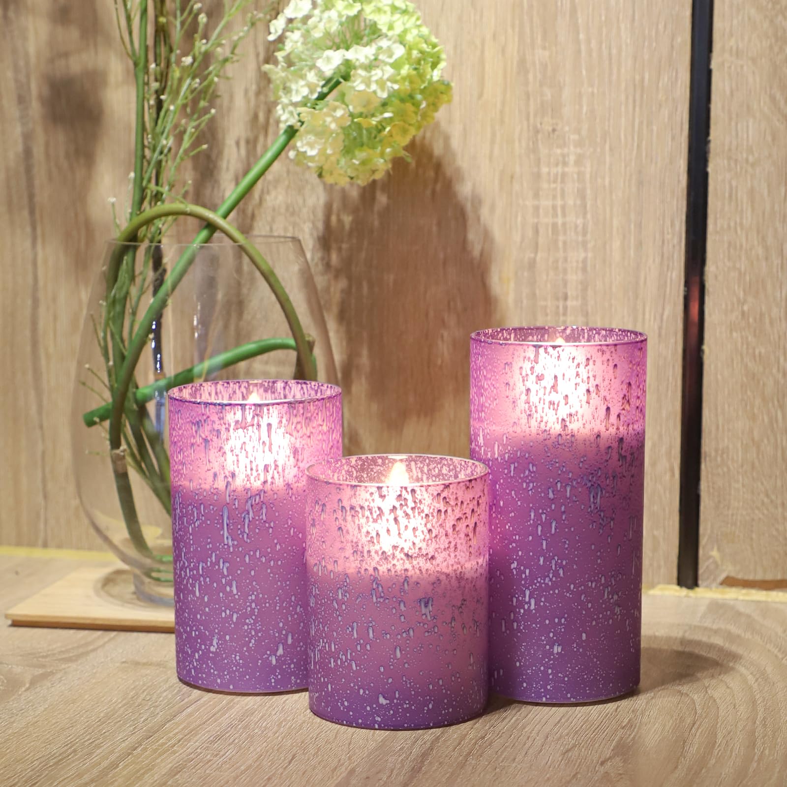 Hjandhj Purple Flameless Candles With Remote, Flickering Battery Operated Candles With Timer, Set Of 3 Led Pillar Candles For Ou