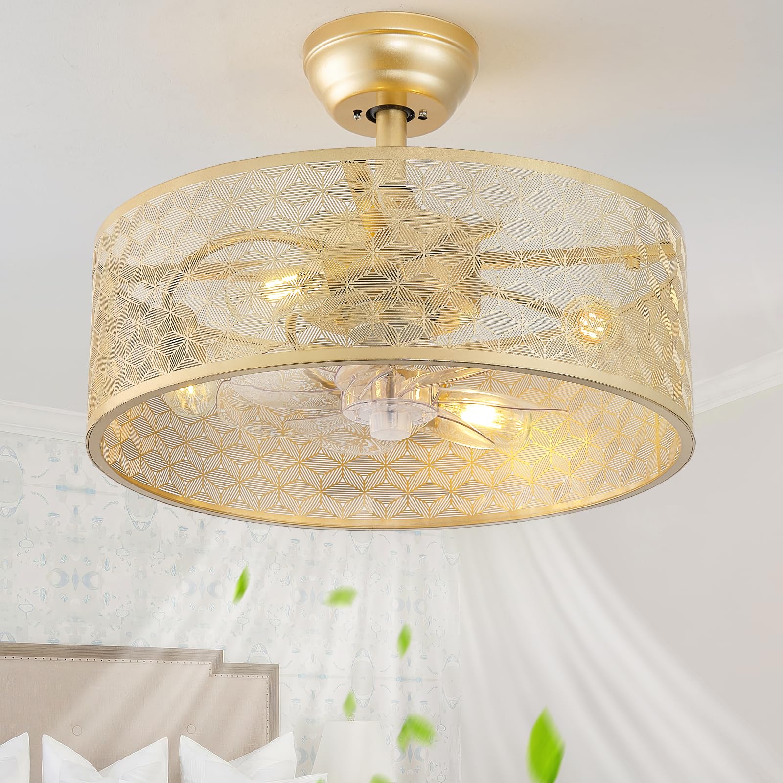 SYDACG 20 Boho Ceiling Fans with Lights, Gold Fandelier Ceiling Fan with Light Remote Control with Caged 6 Speeds for Bedroom, N